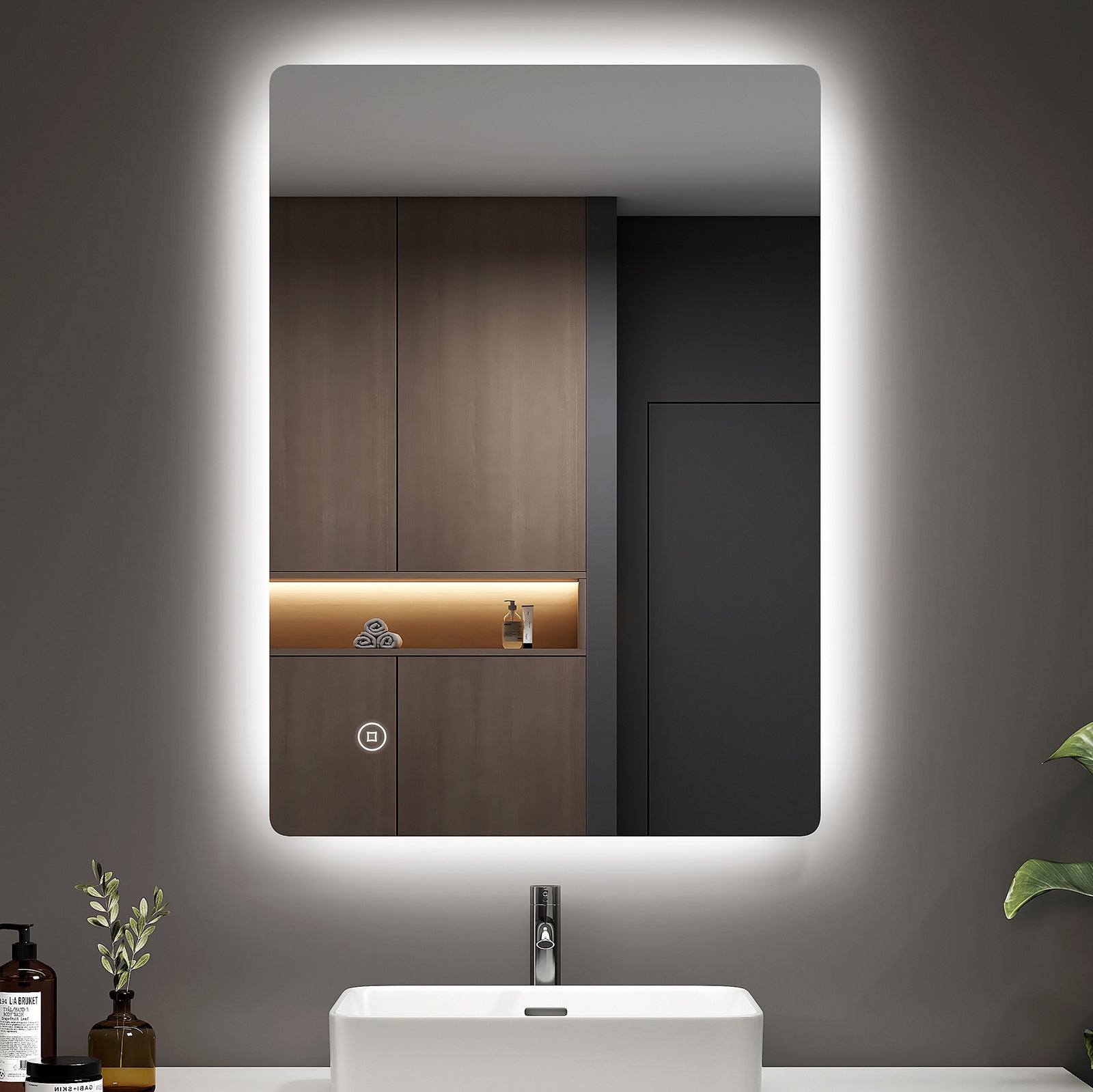 EMKE Lustro łazienkowe z oświetleniem LED 70x50 cm, z 6500K, możliwość ściemniania, przeciwmgielne, funkcja pamięci, IP44, bezramowe