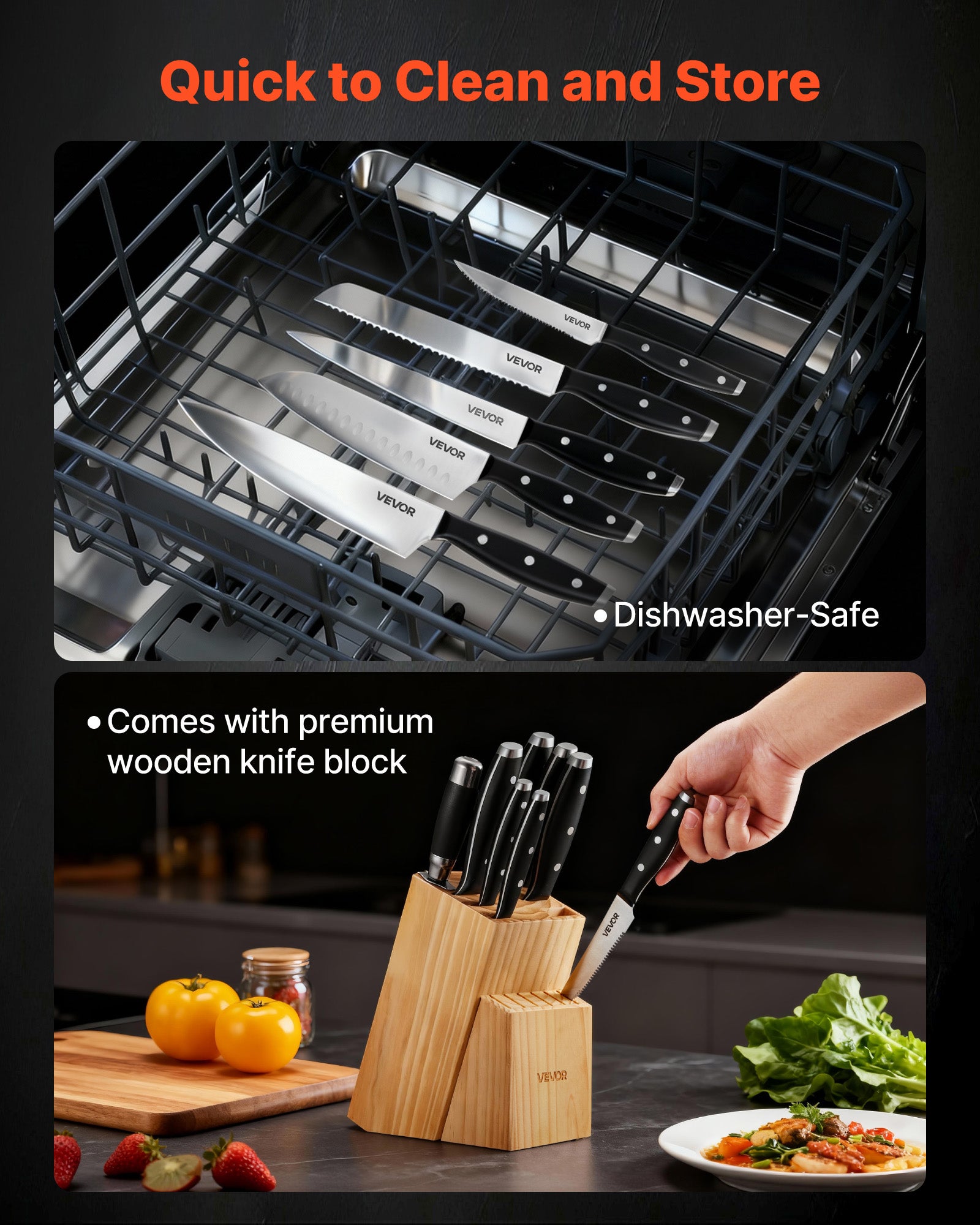 Set Couteaux Cuisine VEVOR avec Bloc et Aiguiseur 15PCs, en Inox à Haute Teneur, Coutellerie Cuisine avec Manche Ergonomique, pour Cuisinier Amateurs - 6