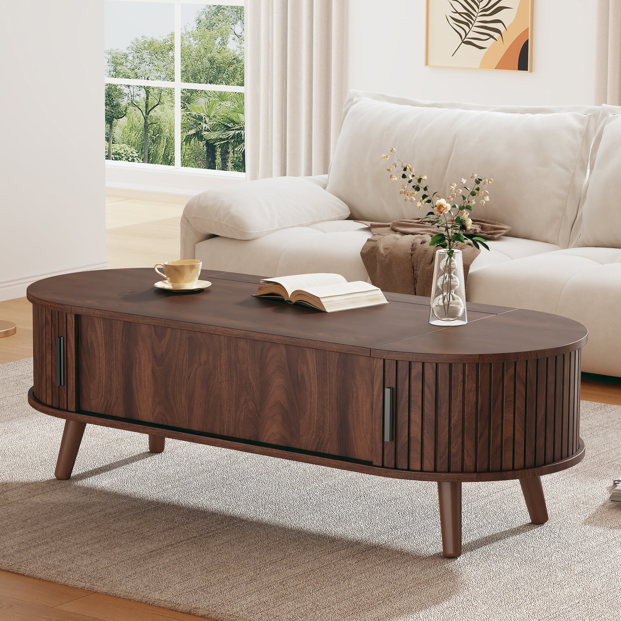 Table basse relevable 120x50x39.5 cm - 2 portes - Rangements cachés - Pieds en bois massif - Marron - 3