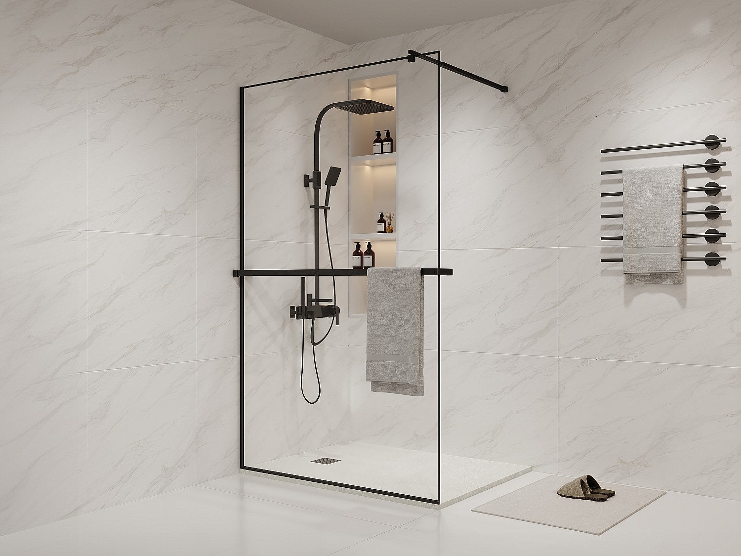 Ścianka prysznicowa do kabiny walk-in z wieszakiem na ręczniki i półeczką - 120 x 200 cm - Czarny mat - BONPERO