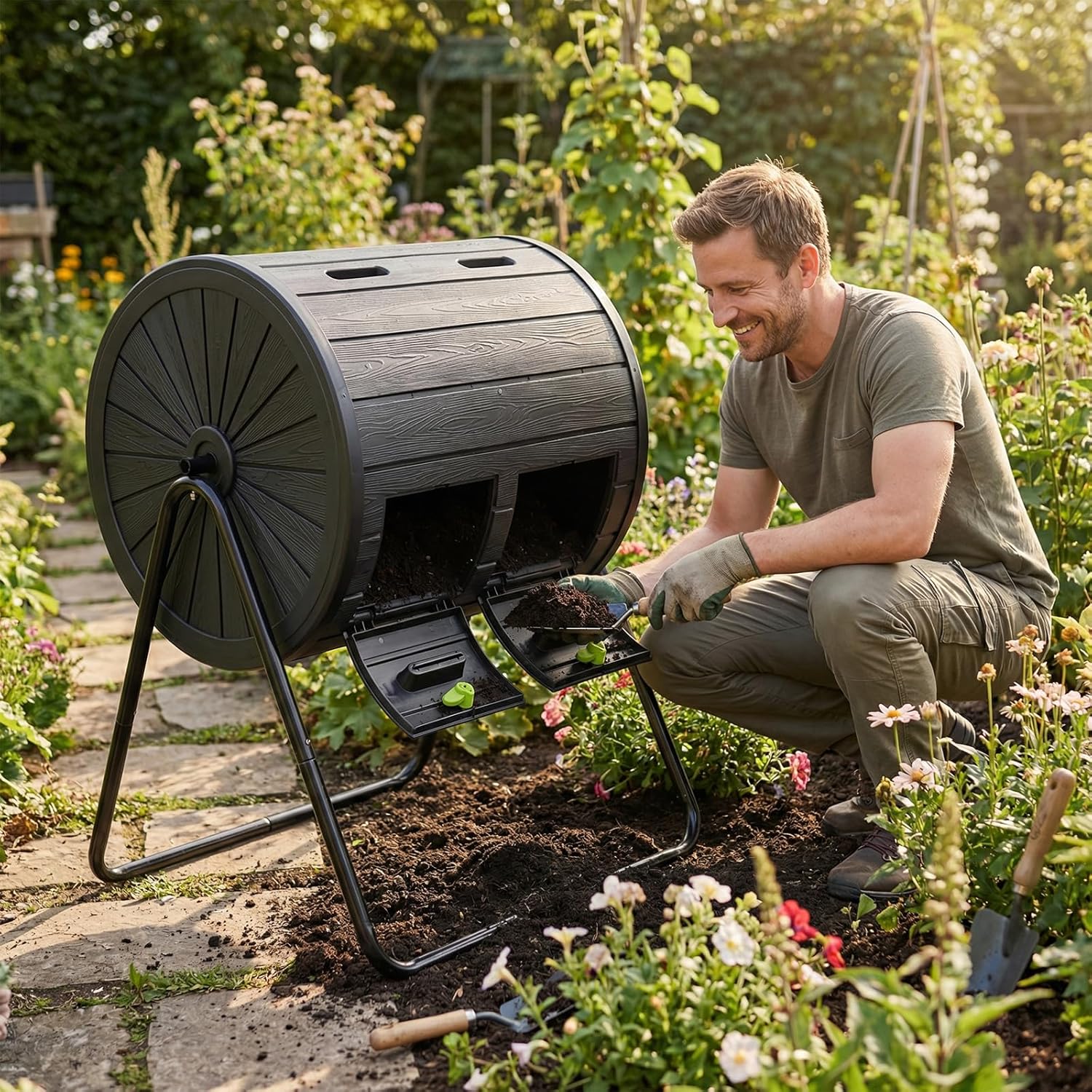 GIANTEX Composteur de Jardin 142 L à Double Chambre,Cadre en Métal Rotatif 360° ,2 Portes Verrouillables sans BPA,Déchets de Cuisine Jardin,Noir - 2