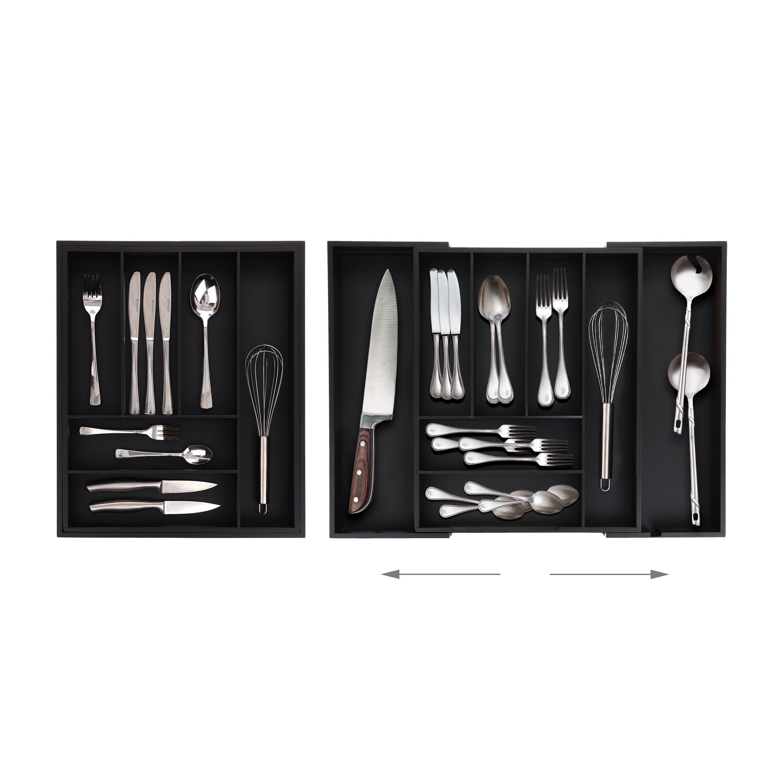 Organizador de talheres ajustável, bambu, HBT 6,5 x 35-58 x 43,5 cm, 6-8 compartimentos, para gaveta, preto, Relaxdays - 3
