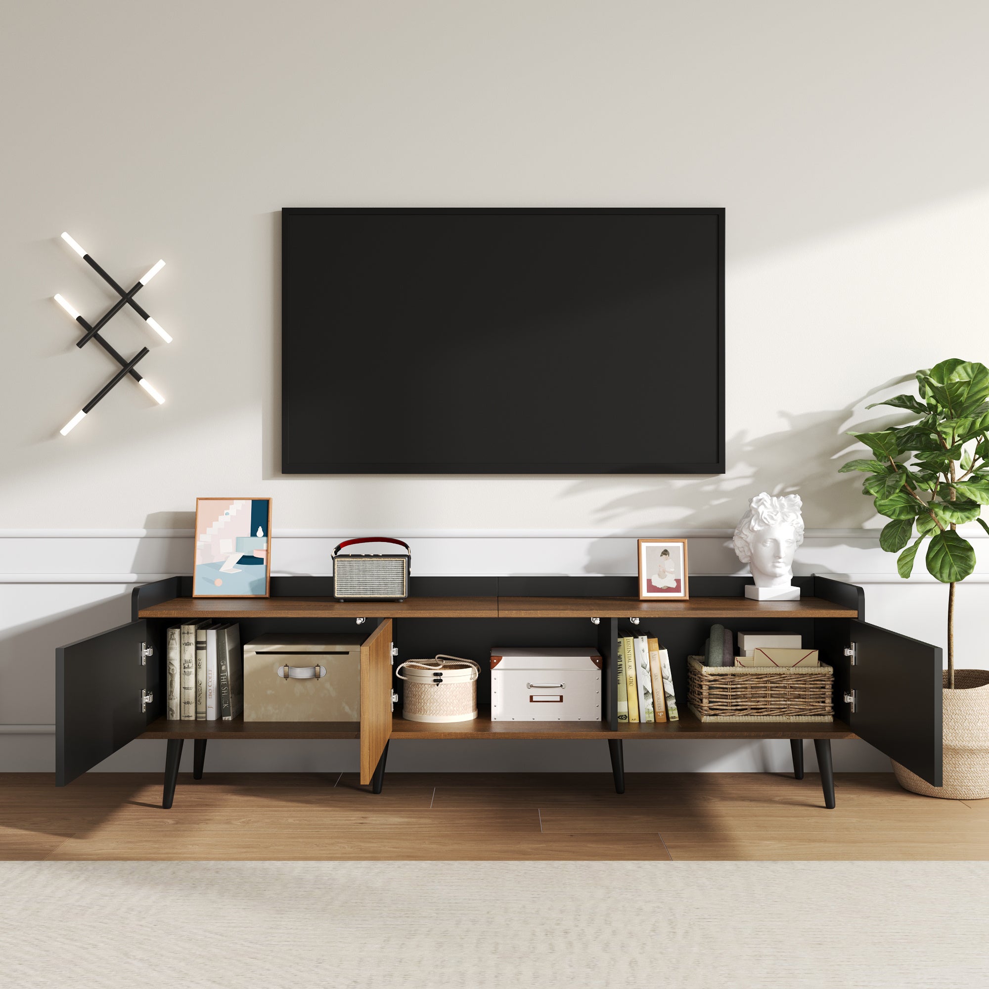 Meuble TV, meuble bas trois portes. Construction compacte. Finitions noir et bois naturel, 49.5*160* 39cm - 9