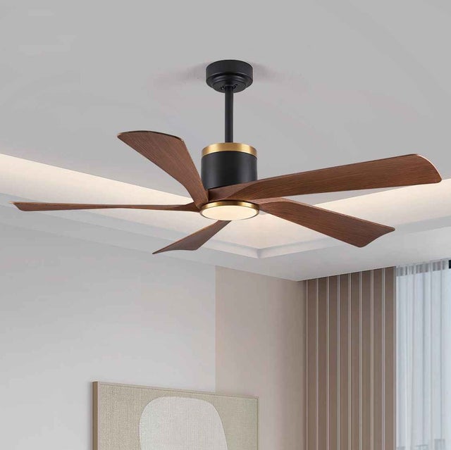 Contrôle intelligent APP ventilateur plafond lampe 51 pouces noir or bois massif 6 vitesses réversibles LED 3 couleurs 110-240V économie d'énergie.