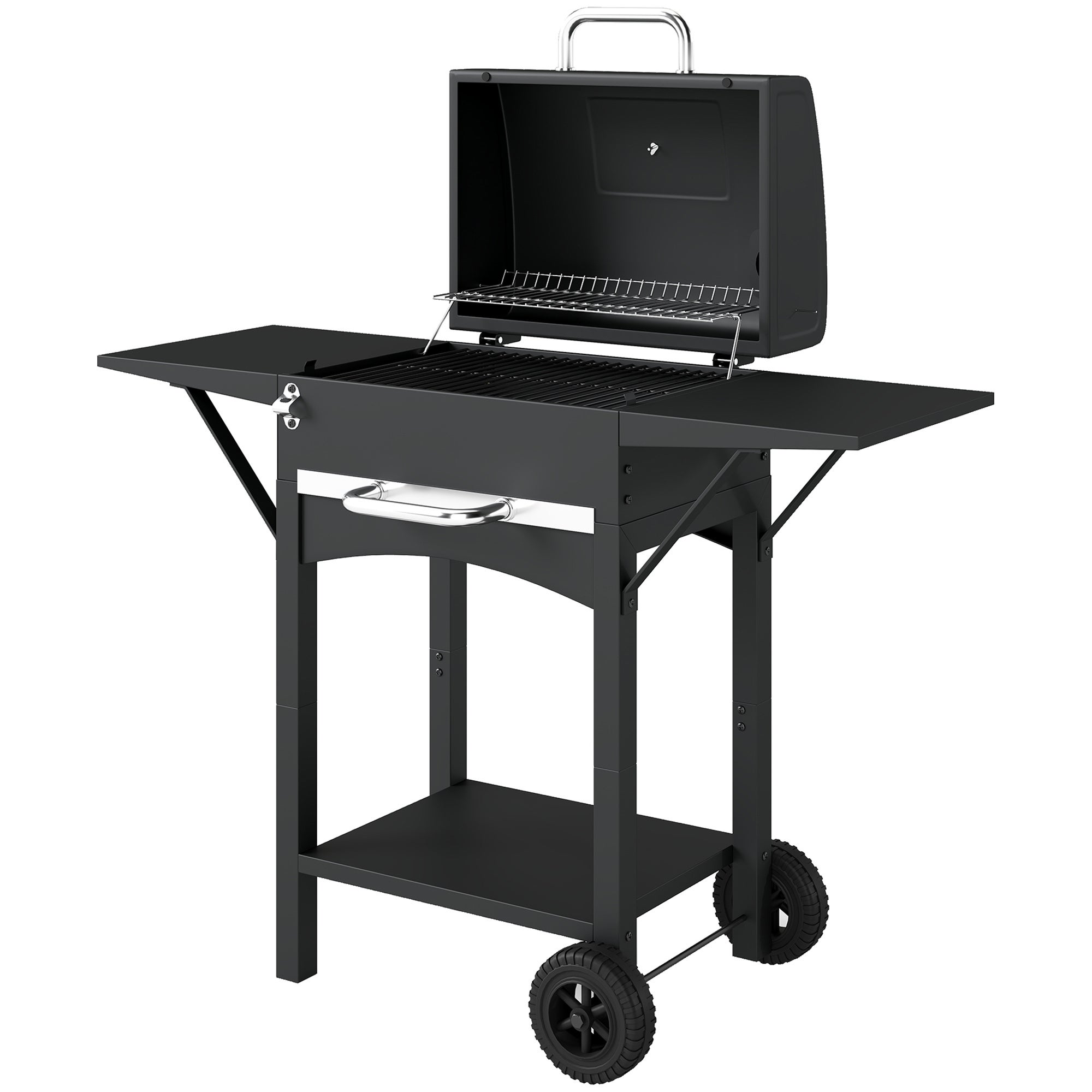 Barbecue à charbon avec couvercle, fumoir avec 2 tablettes latérales, grande surface de cuisson, grille, thermomètre, roulettes - 2