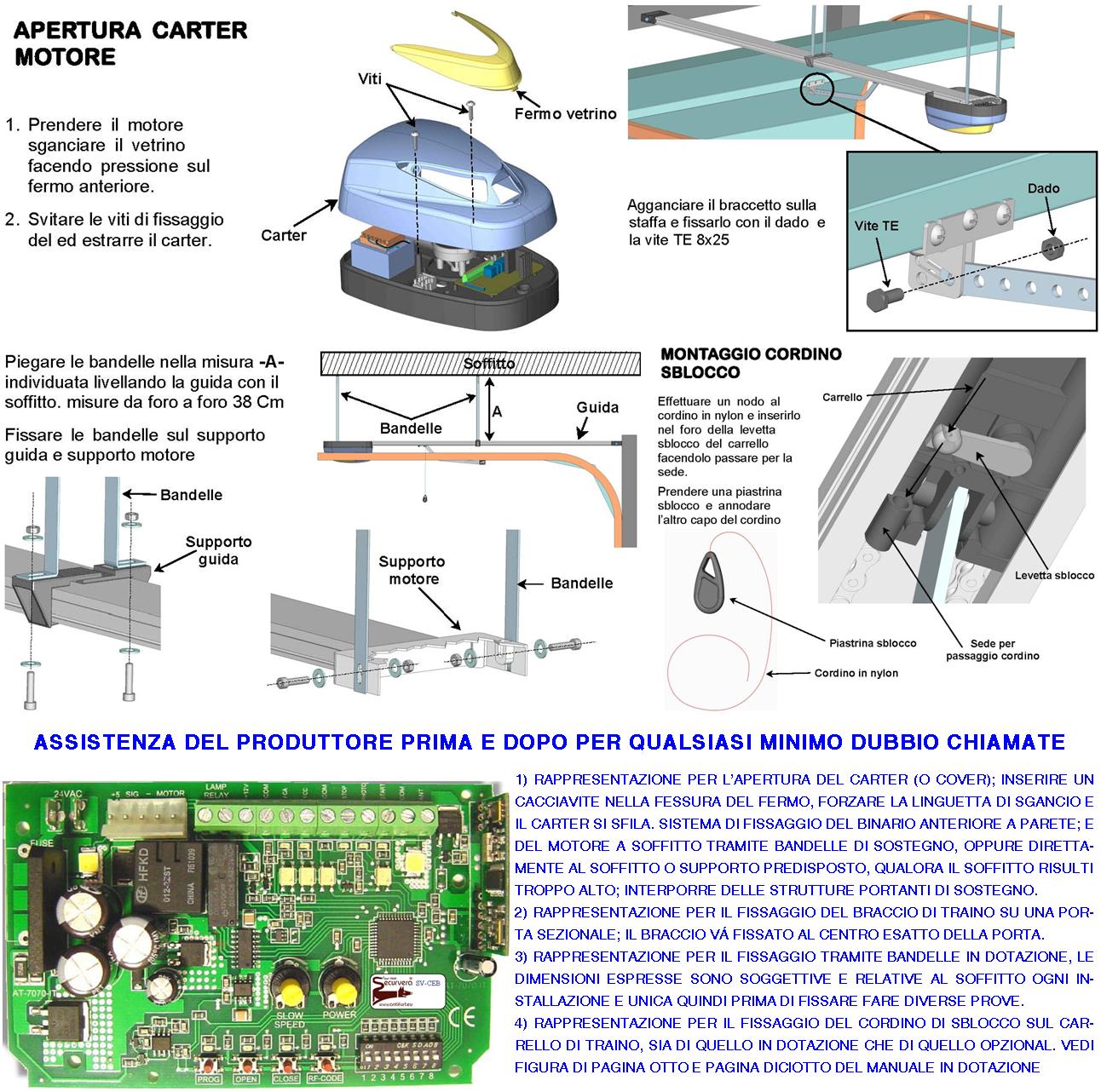 Kit Motore 220/24 V da Soffitto Ricambio Automatismo x Porta Sezionale 70 Kg Radiocomando Binario 3 Metri Alluminio Sistema Autoreverse Blindino Cordi - 3
