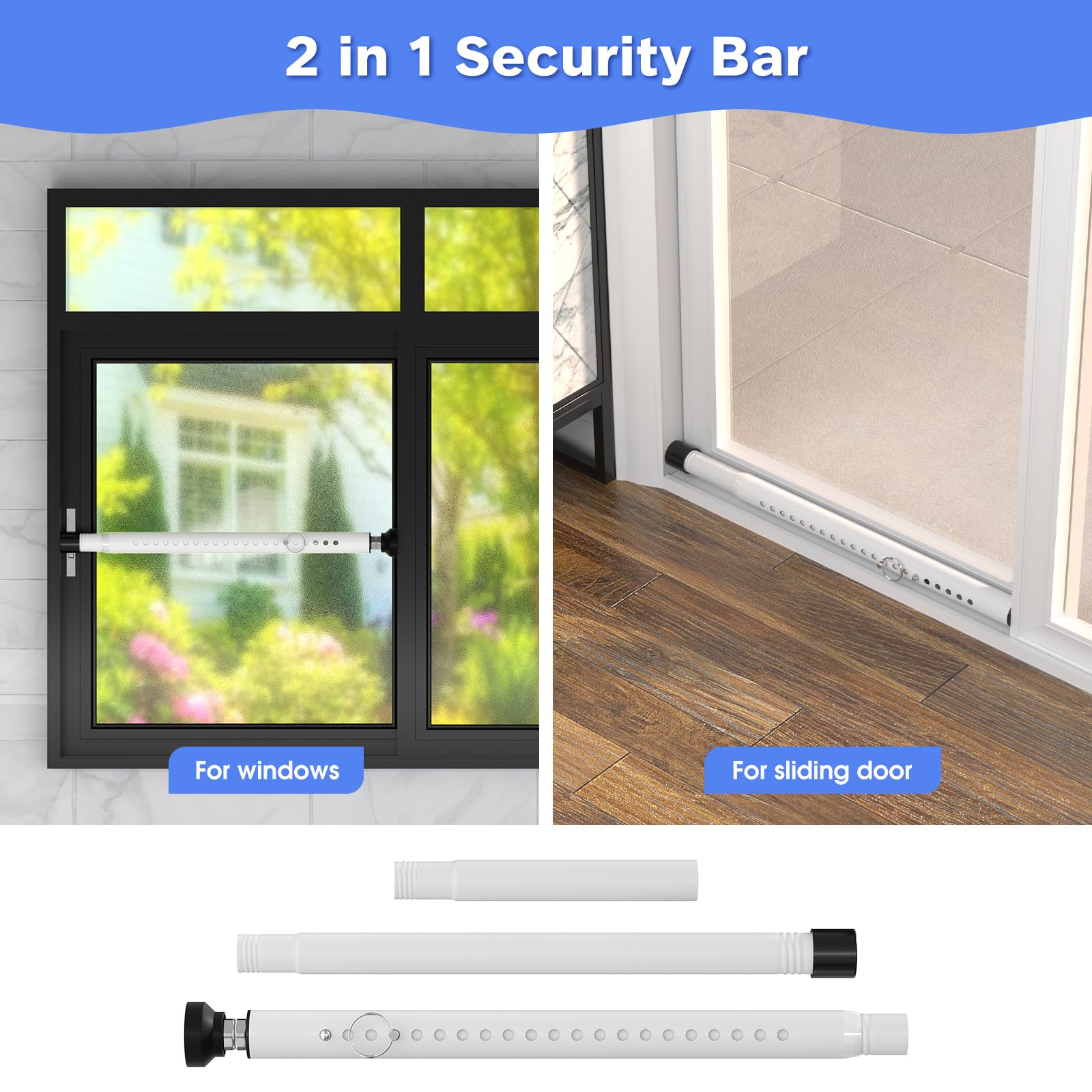Barre de sécurité 120cm, sécurité de fenêtre protection anti-effraction pour portes coulissantes verrou blindé verrouillage réglable fenêtre , 25mm - 2