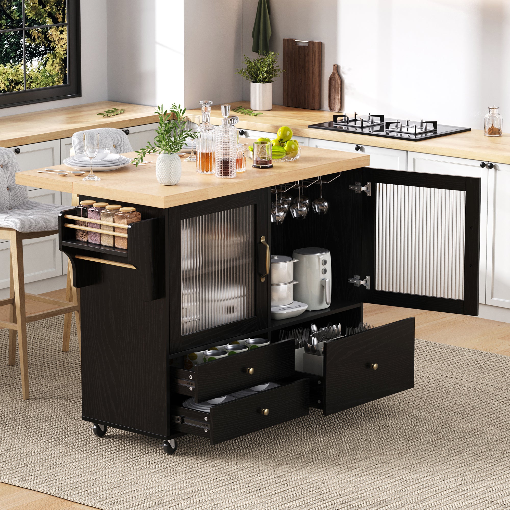 Mobilna wyspa kuchenna z 3 szufladami i 2 drzwiami - 100 x 42/70 x 91,5 cm - MDF - Rozkładany blat - Czarny + naturalny - 2