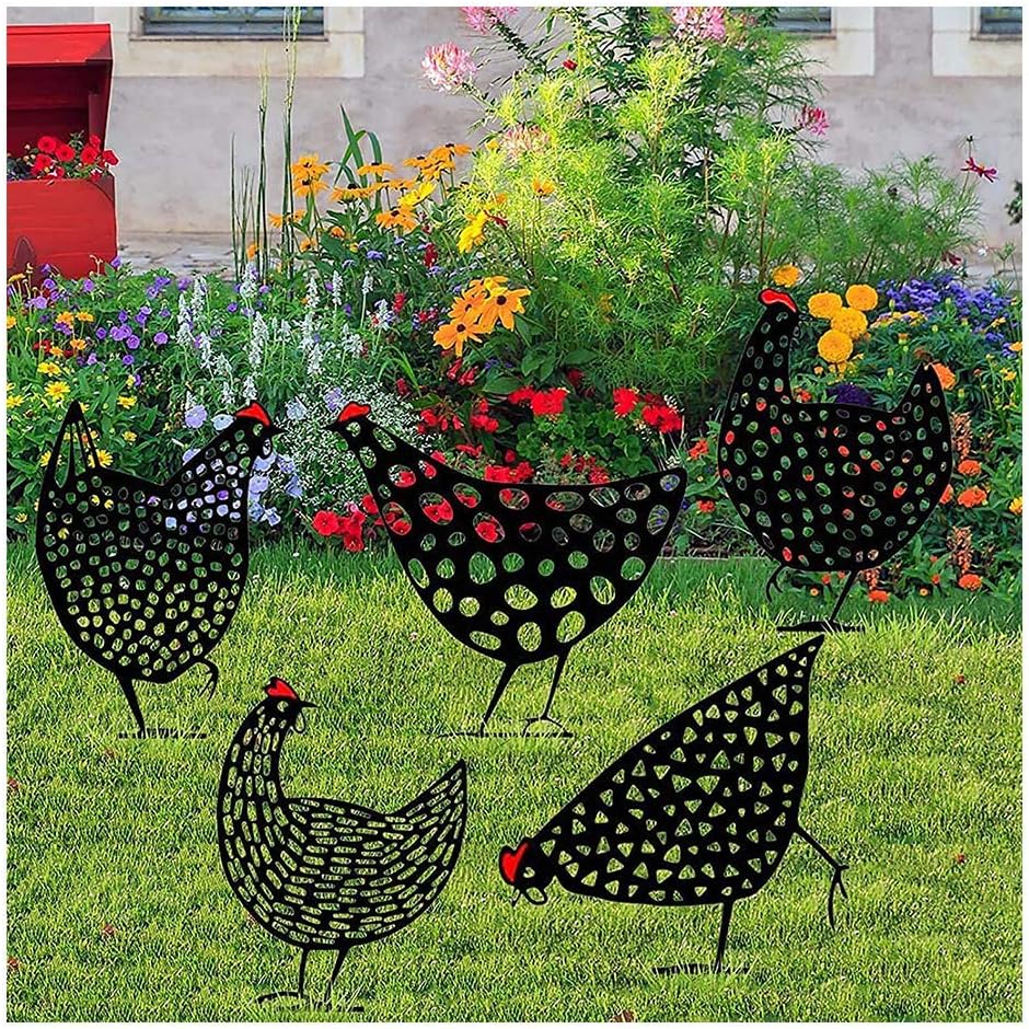 5 Poules réalistes - Décoration de Jardin - Décoration en Forme de Poulet - Silhouette de Cour pour pelouse, Chemin, Trottoir, Jardin - 3