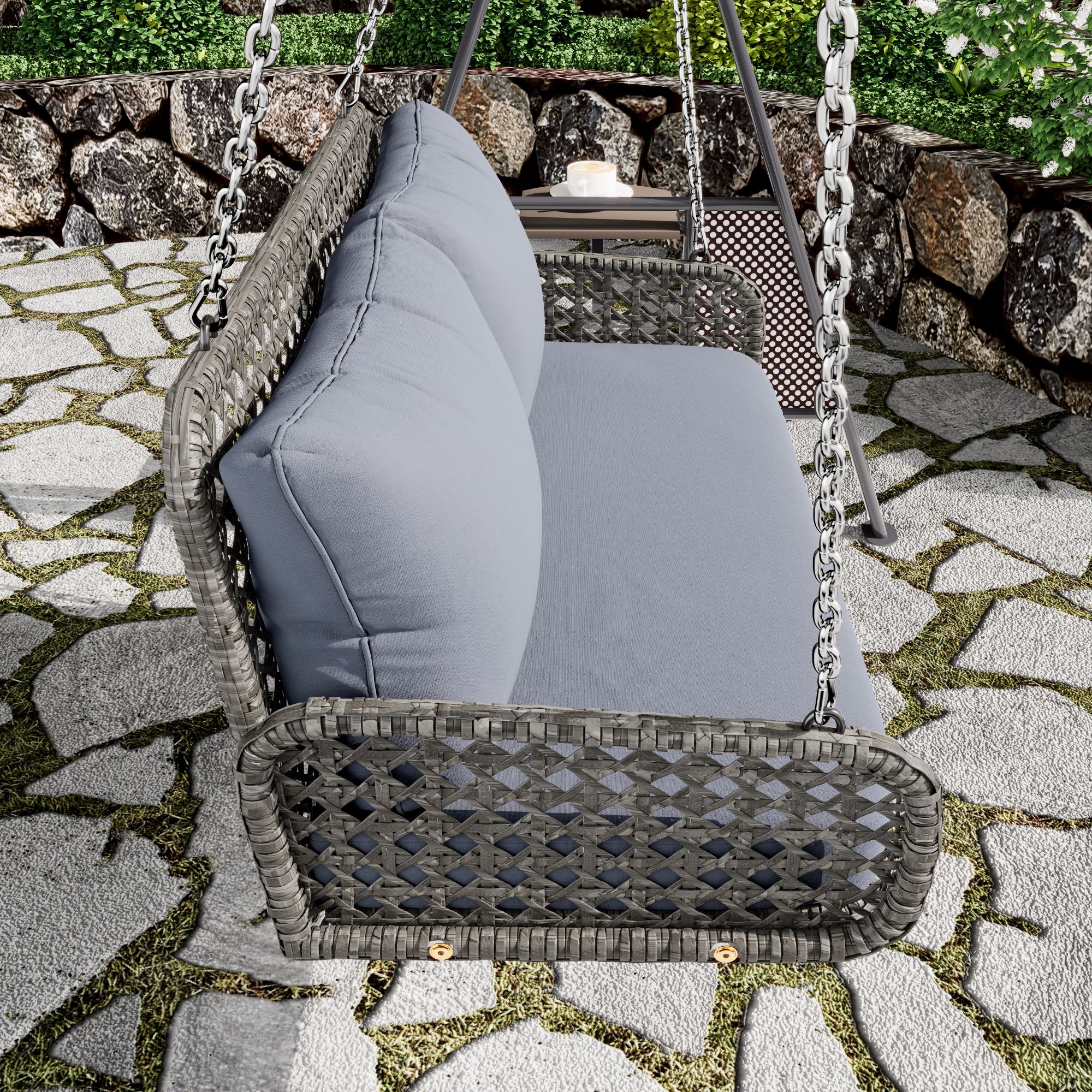 Balancelle de jardin 2 places en rotin PE, Balançoire de jardin - avec coussins et 2 chaînes - 112 x 54 x 48 cm - Gris - 2