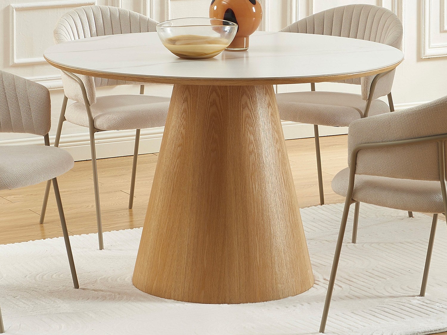 Okrągły stół do jadalni dla 4 osób z ceramiki i forniru jesionowego - Efekt białego marmuru i jasnego naturalnego drewna - ANTALIZA