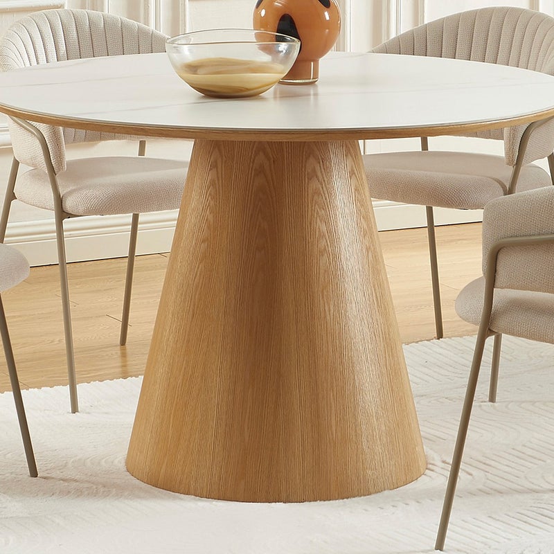 Okrągły stół do jadalni dla 4 osób z ceramiki i forniru jesionowego - Efekt białego marmuru i jasnego naturalnego drewna - ANTALIZA