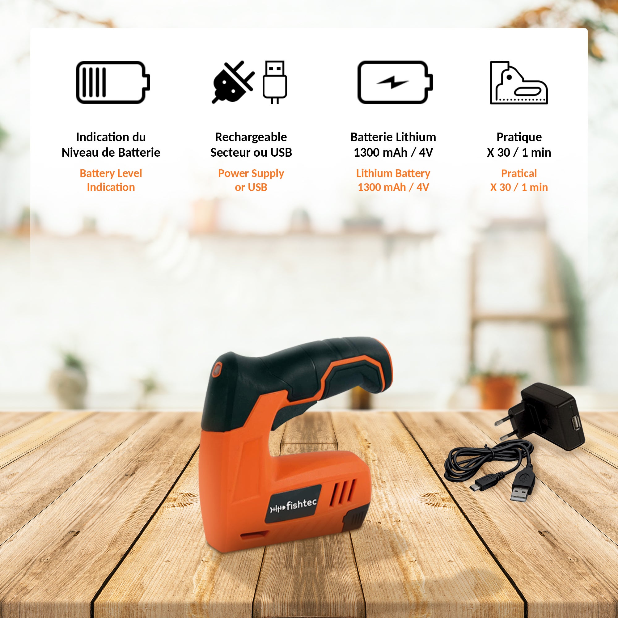 Grapadora y clavadora eléctrica sin cable, batería de iones de litio de 4 V, recargable, se suministra con 200 grapas y 200 clavos, naranja - 3