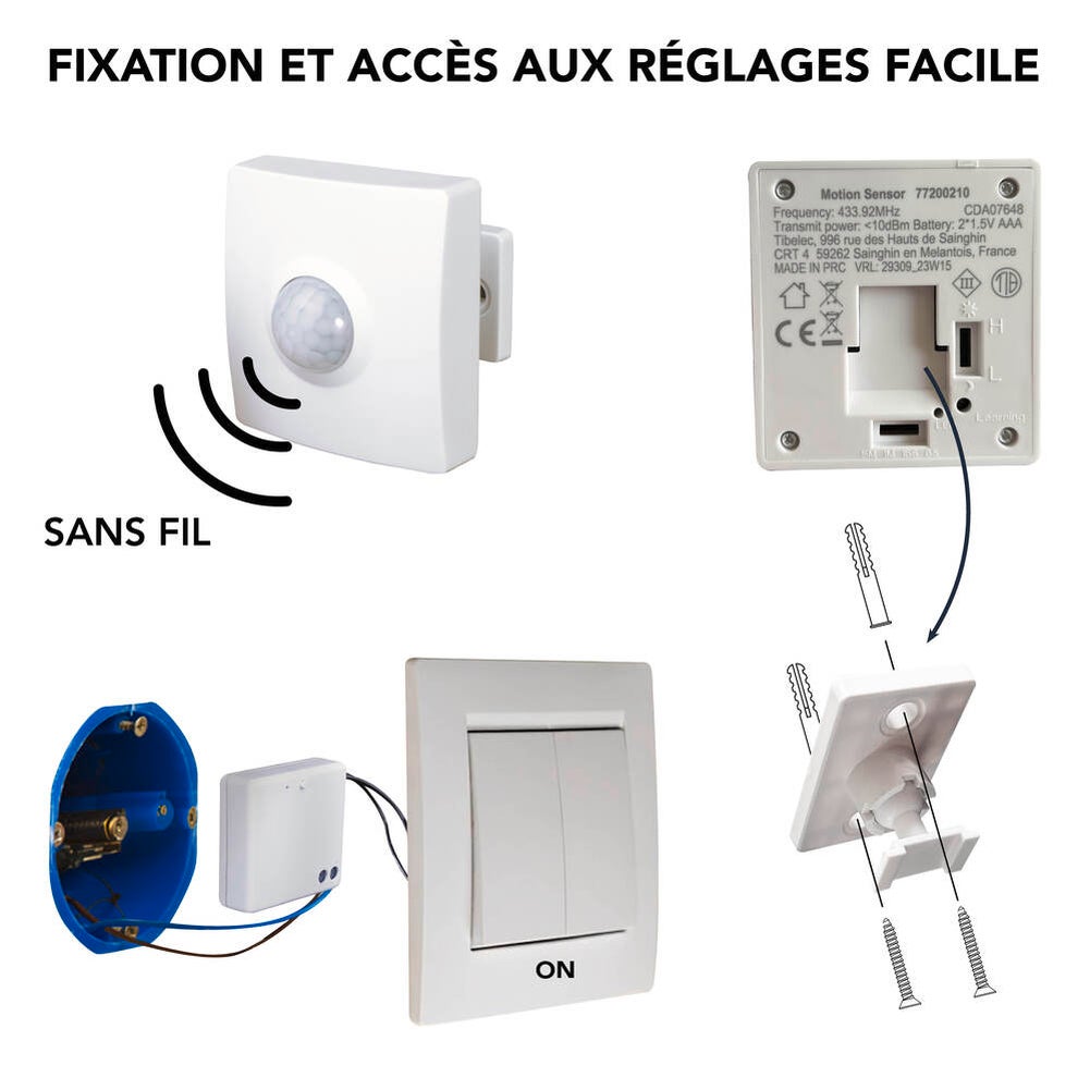 Détecteur de mouvement infrarouge sans fil va et vient, blanc, portée 8m. garantie 3 ans - Tibelec - 2