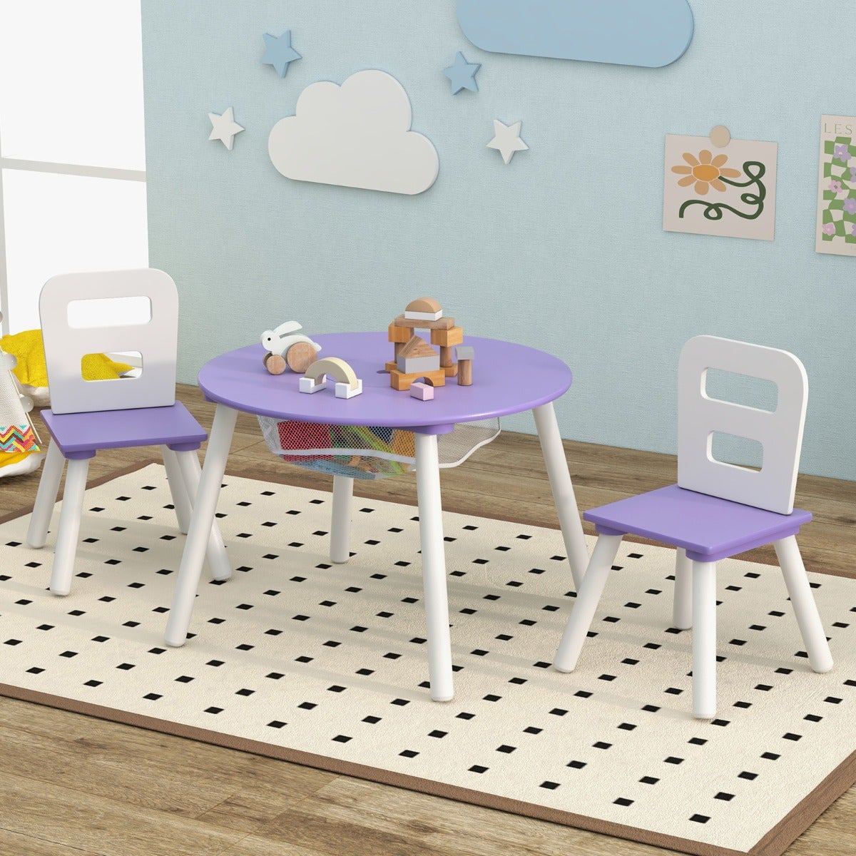 Conjunto mesa redonda y 2 sillas infantiles morado - mdf madera con bolsa organizadora - 3-7 años