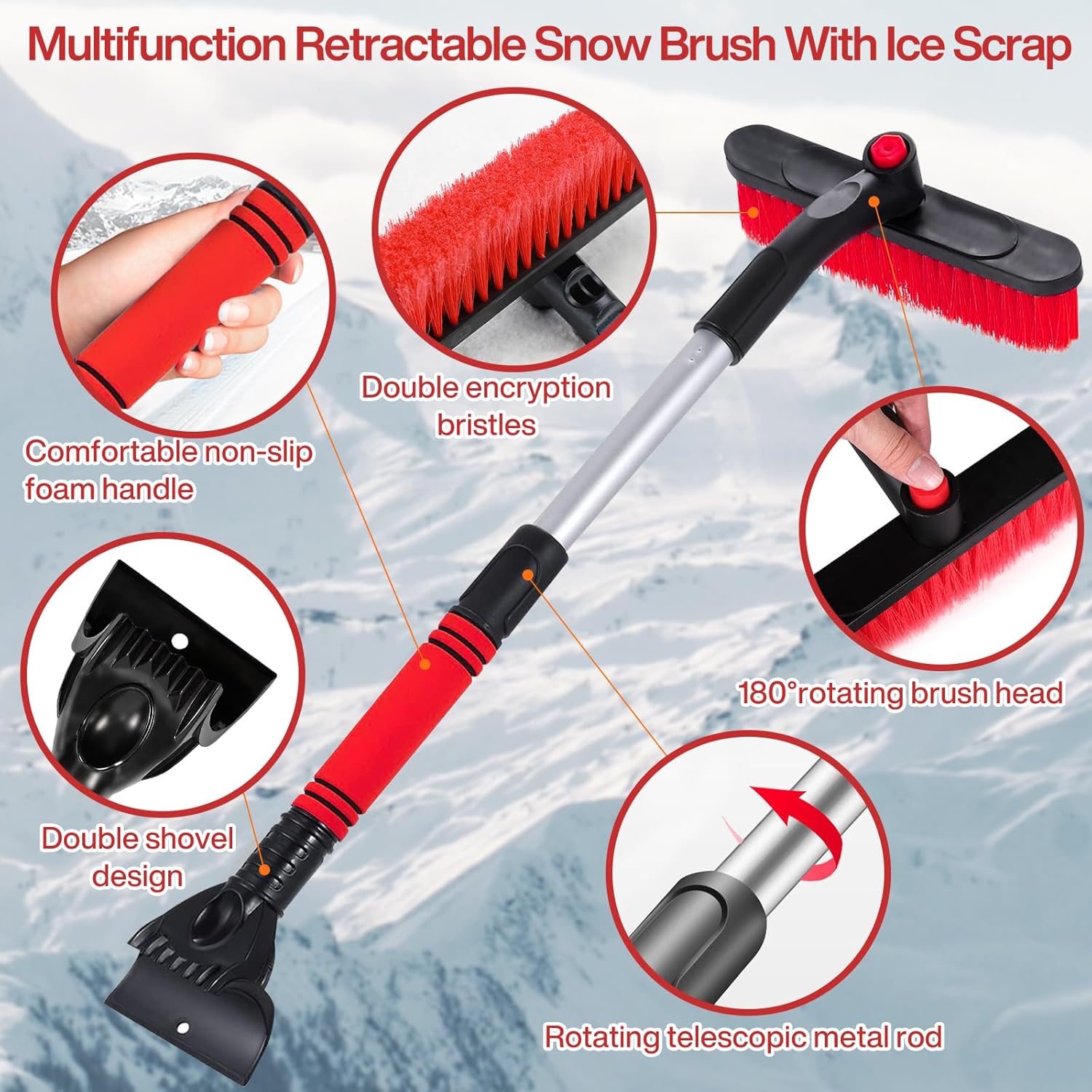 Grattoir Pare-brise Voiture Extensible – Brosse à Neige + Raclette, Tête Rotative 360° – Longueur 64-80 Cm