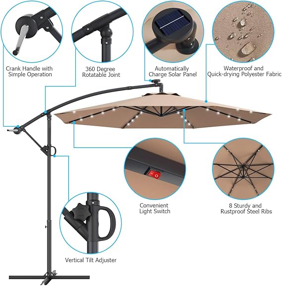 Parasol de Jardin D.300CM Rotatif à 360°-Parasol Inclinable avec 8 Baleines et 32 LED Solaires,pour Jardin/Terrasse,Beige - 4