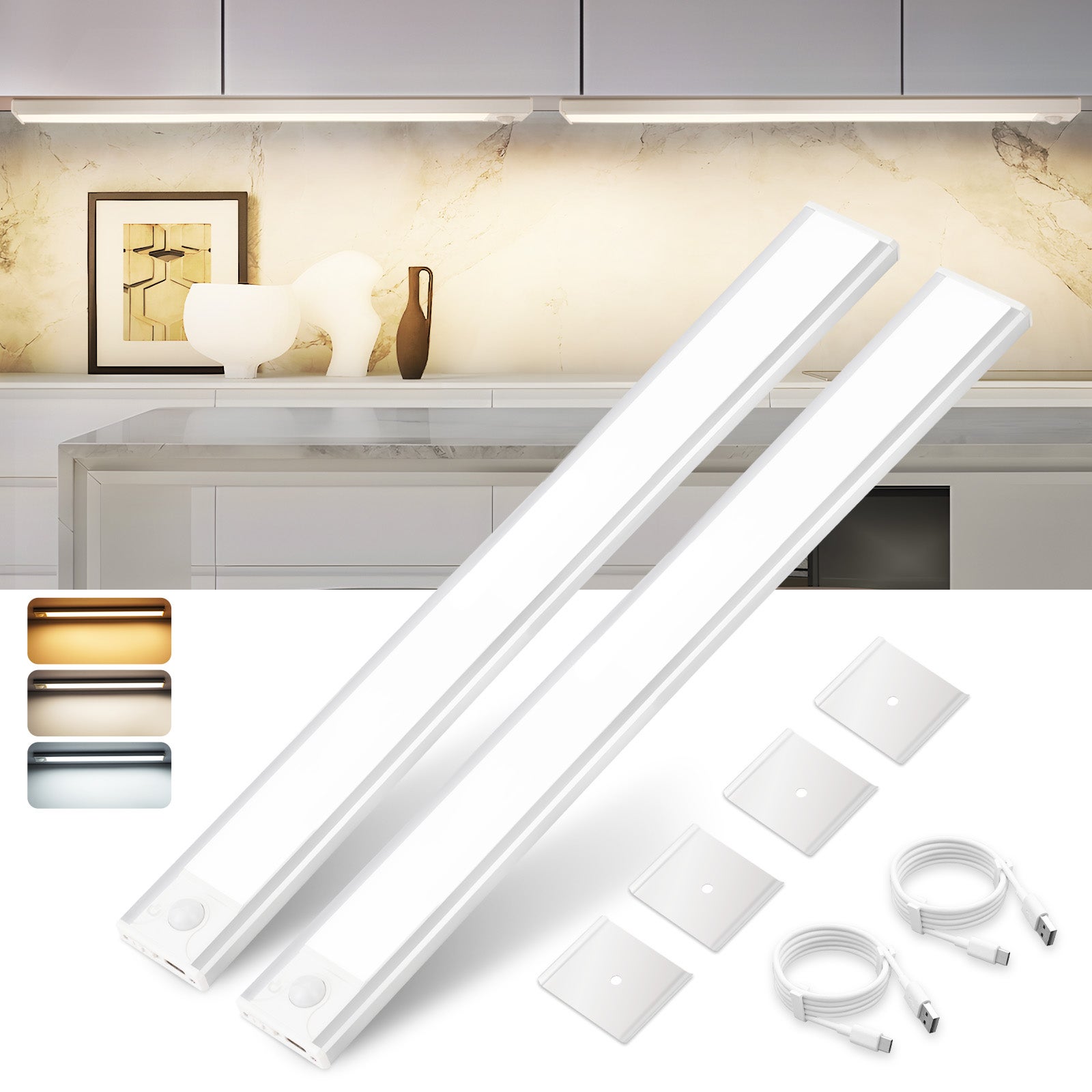 ZMH Lampa LED do szafki srebrna Zestaw 2 40cm 3W ściemnialna akumulator 1500mAh i kabel ładujący USB odpowiednia do biur i klatek schodowych