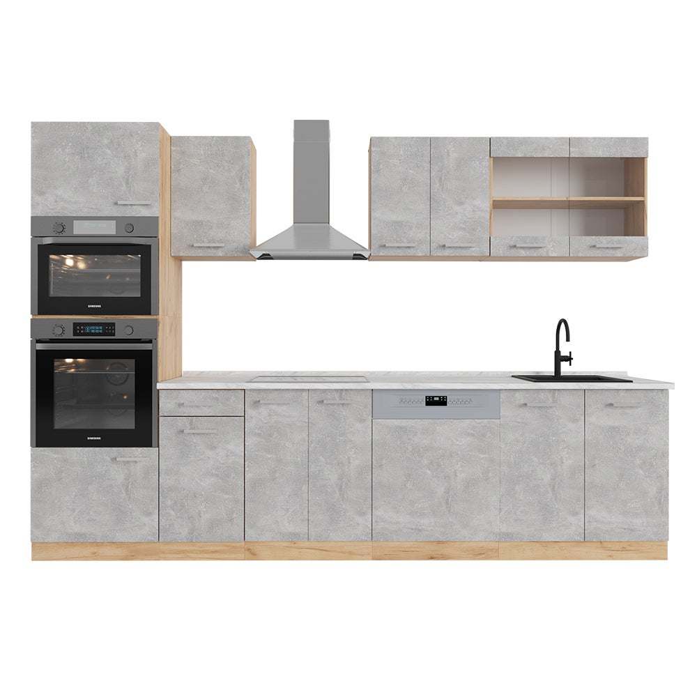 Vicco Aneks kuchenny R-Line, Beton/złoty dąb, 300 cm z wysoką szafką, BP Marmur