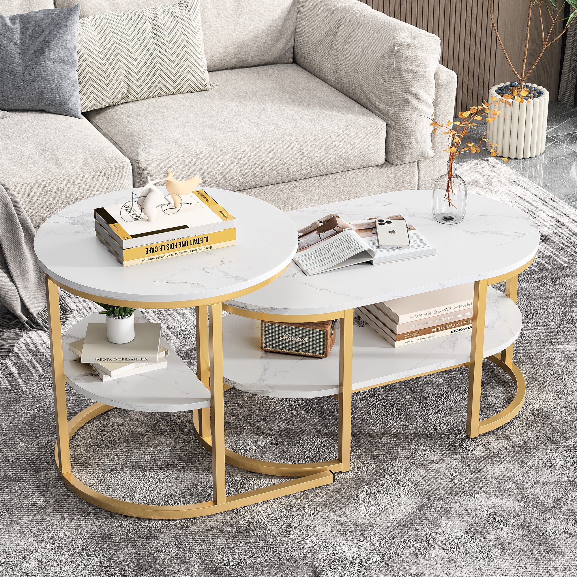 Lot 2 Tables basses gigognes ovale/ronde, 2 étagères, bois effet marbre, métal doré, scandinave, Blanc - 9