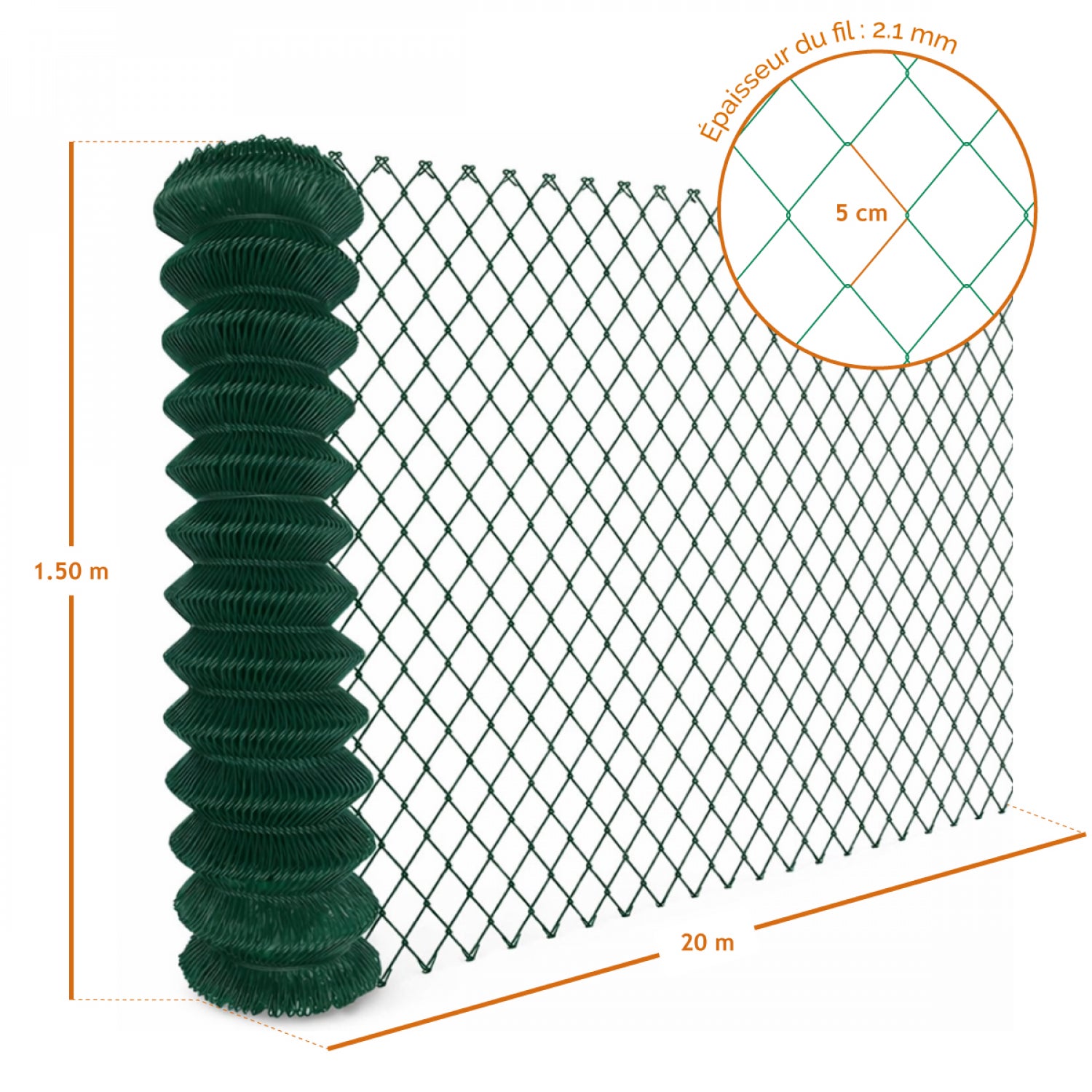 Grillage simple torsion plastifié pour clôture de jardin - 20 m x 1.5 m - Maille 5 x 5 cm - Diam 2.1 mm - Vert - Linxor - 2