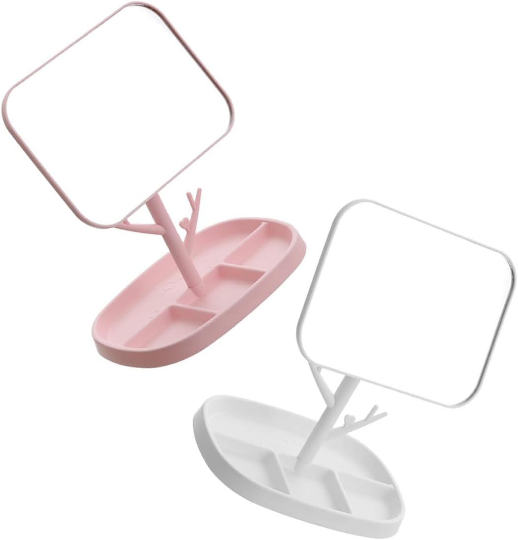 Dwuczęściowe obrotowe lusterko do makijażu na biurko ze stabilną podstawą i tacką do przechowywania, proste lusterko kosmetyczne do użytku domowego