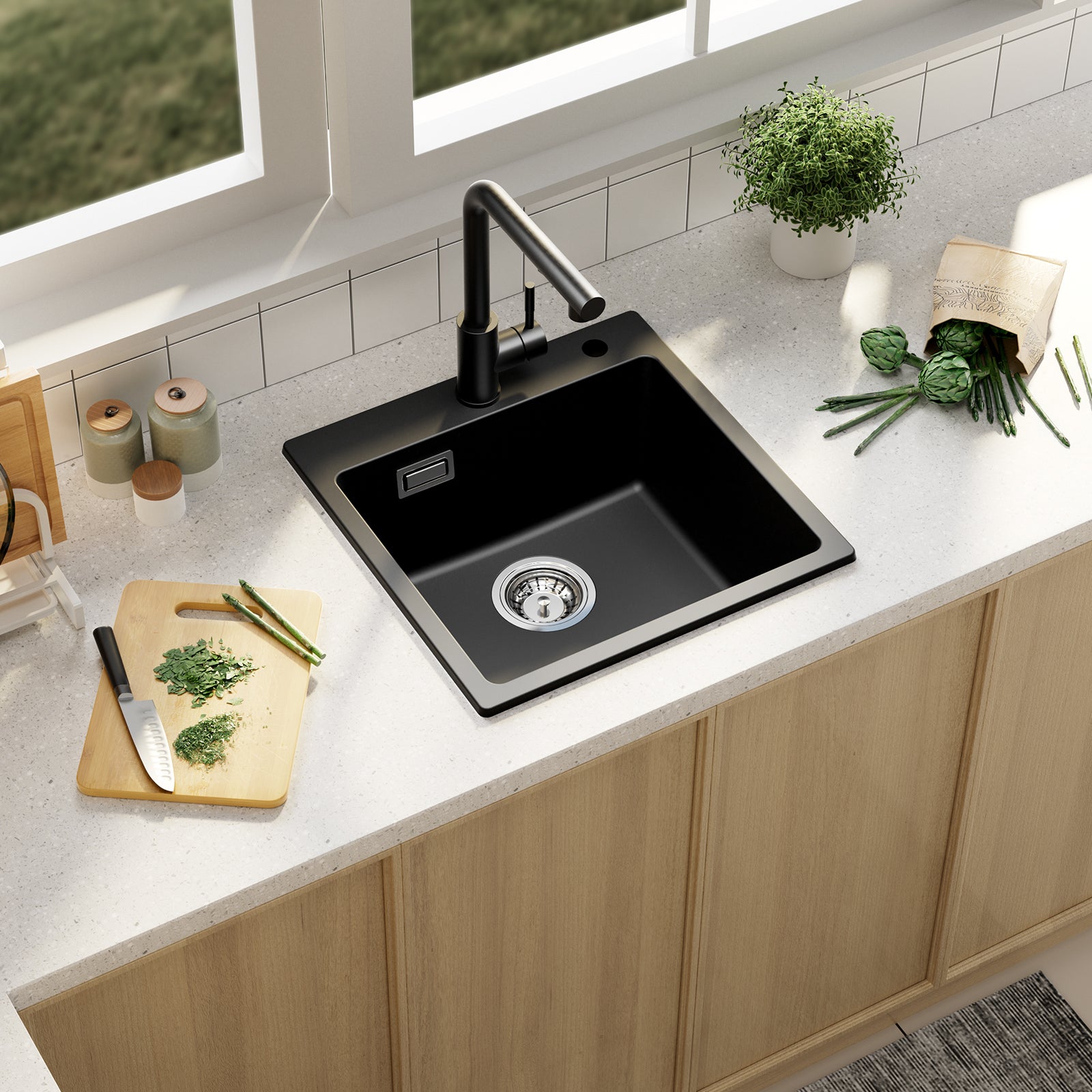 SOFETIY MAX Évier Cuisine Noir 45*45cm ,Évier 1 Bac en Granit, Kit de Vidage,Évier à Encastrer - 2