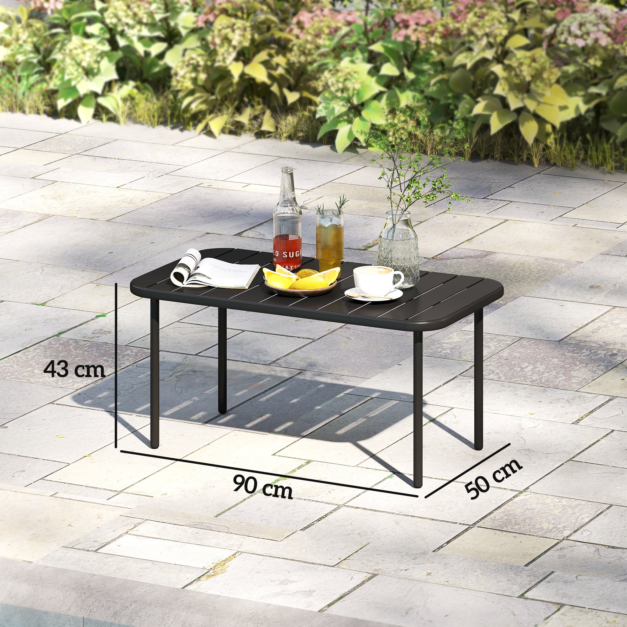 Table basse d'extérieur, table de patio rectangulaire en métal résistant aux intempéries avec plateau à lattes pour une utilisation en extérieur - 5