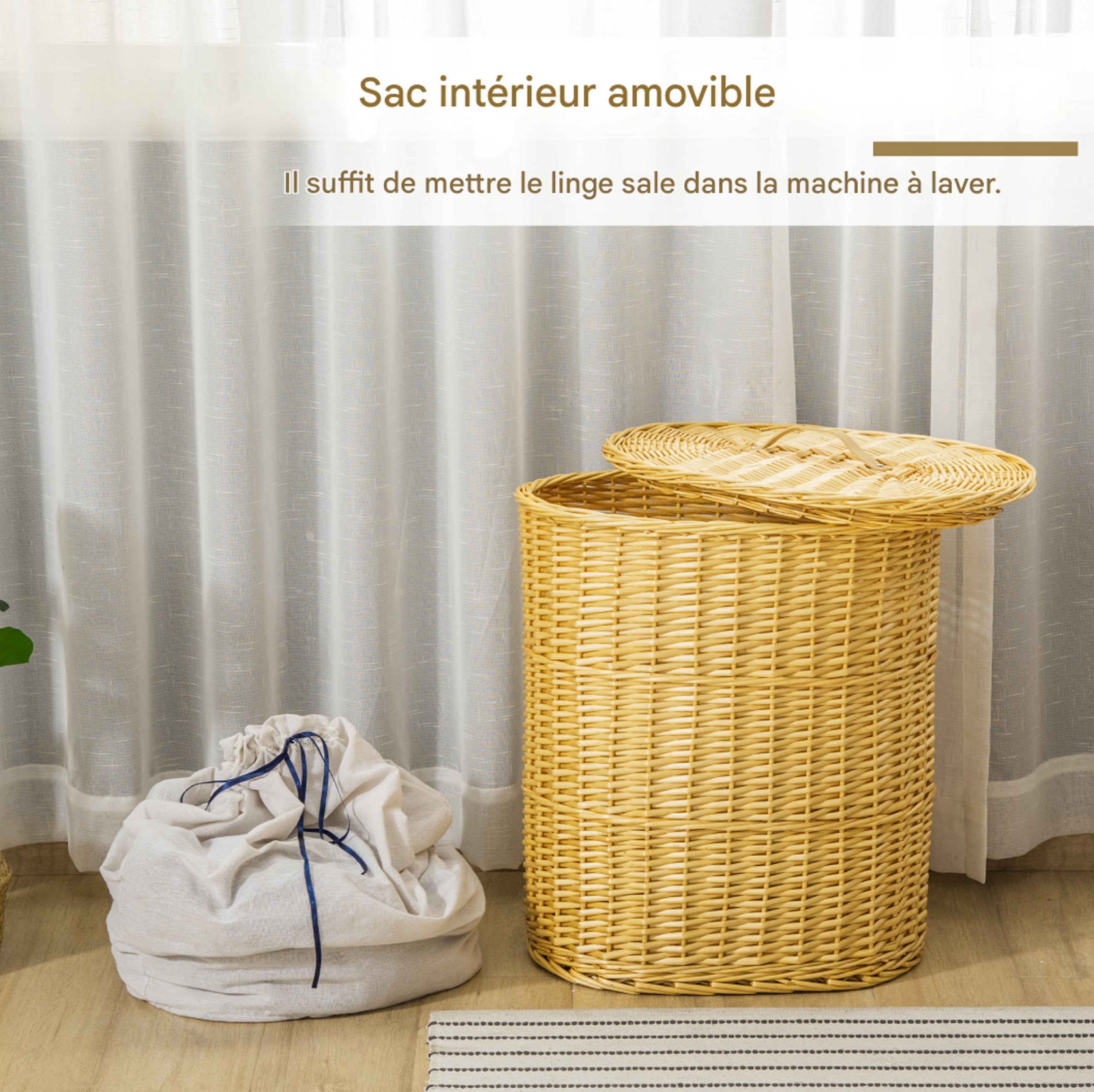 Panier à linge HOMCOM en osier avec couvercle, 100 L, 51 x 38 x 57 cm, boîte à linge naturelle pour chambre et salle de bain - 7