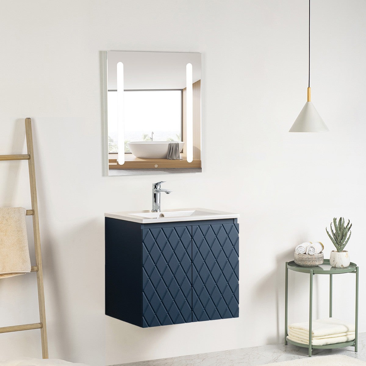 Pack meuble motif losange 60 bleu 2 portes-Vasque céramique -Robinet ...