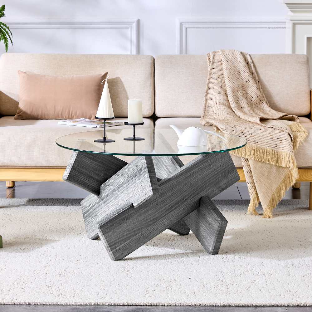 Okrągły stolik kawowy ze szkła i płyty MDF, 79 cm, z szarymi skrzyżowanymi nogami, blat ze szkła hartowanego o grubości 0,8 cm, nowoczesny design