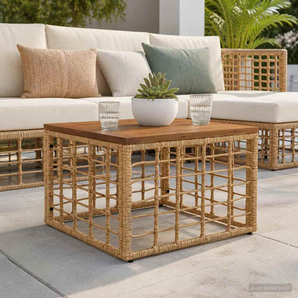 Mesa de jardín natural, 55 × 55 × 37 cm, ratán sintético pe y cristal