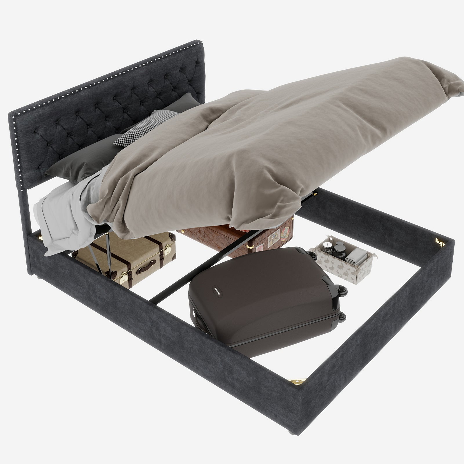 Letto contenitore matrimoniale 160x200 cm, doghe in legno, testiera, velluto grigio, senza materasso - 9