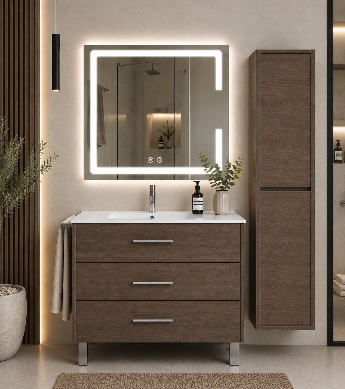 Mobilier de baie cu lavoar ORIGENBATH RIBERA fără oglindă 50x40 cm frasin tea cu coloană