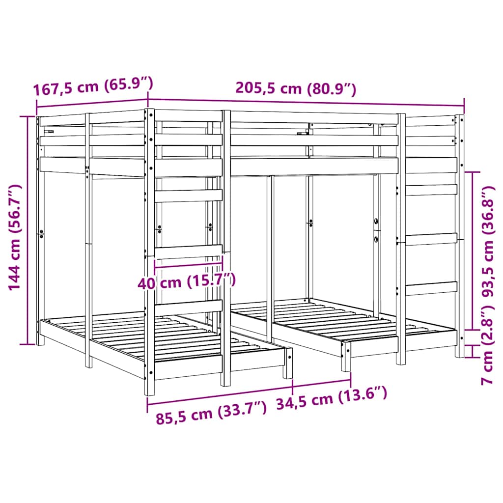 Cadre de lit superposé triple, blanc, en pin massif, 160 × 200 cm - 9