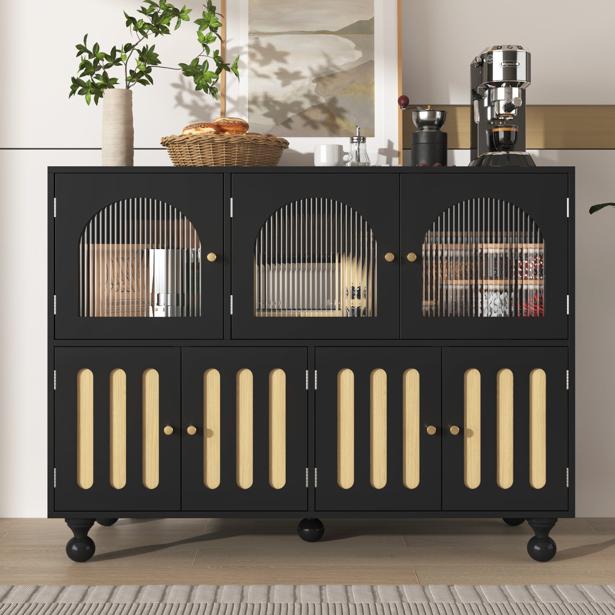 Credenza HYUB Con Inserti In Rattan – 120x40x90 Cm – 6 Cassetti – Colore Noce – Armadio Multiuso Per Corridoio E Soggiorno - 3