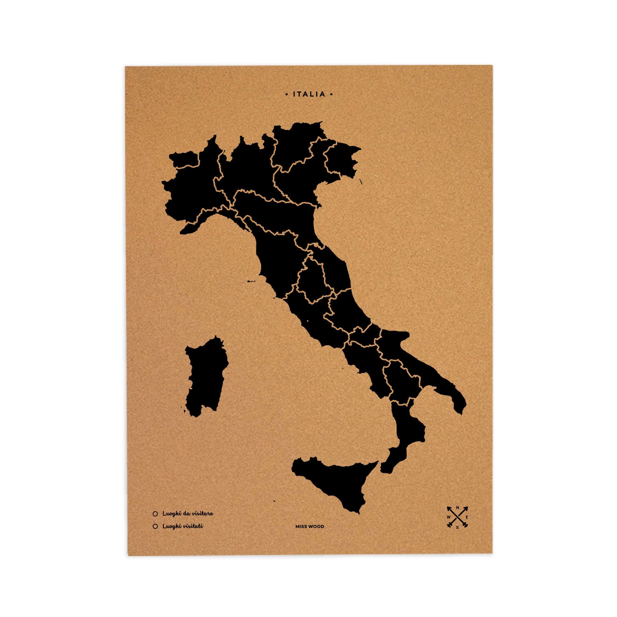 Mapa de corcho - woody map natural italia / 90 x 60 cm / negro / sin marco