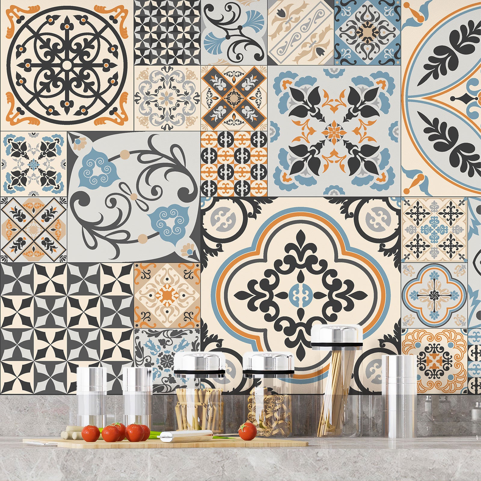 Crédence adhésive sticker décoratif pour cuisine - Effet carreaux de ciment - Adhésif MAT - 60x90 cm - 4