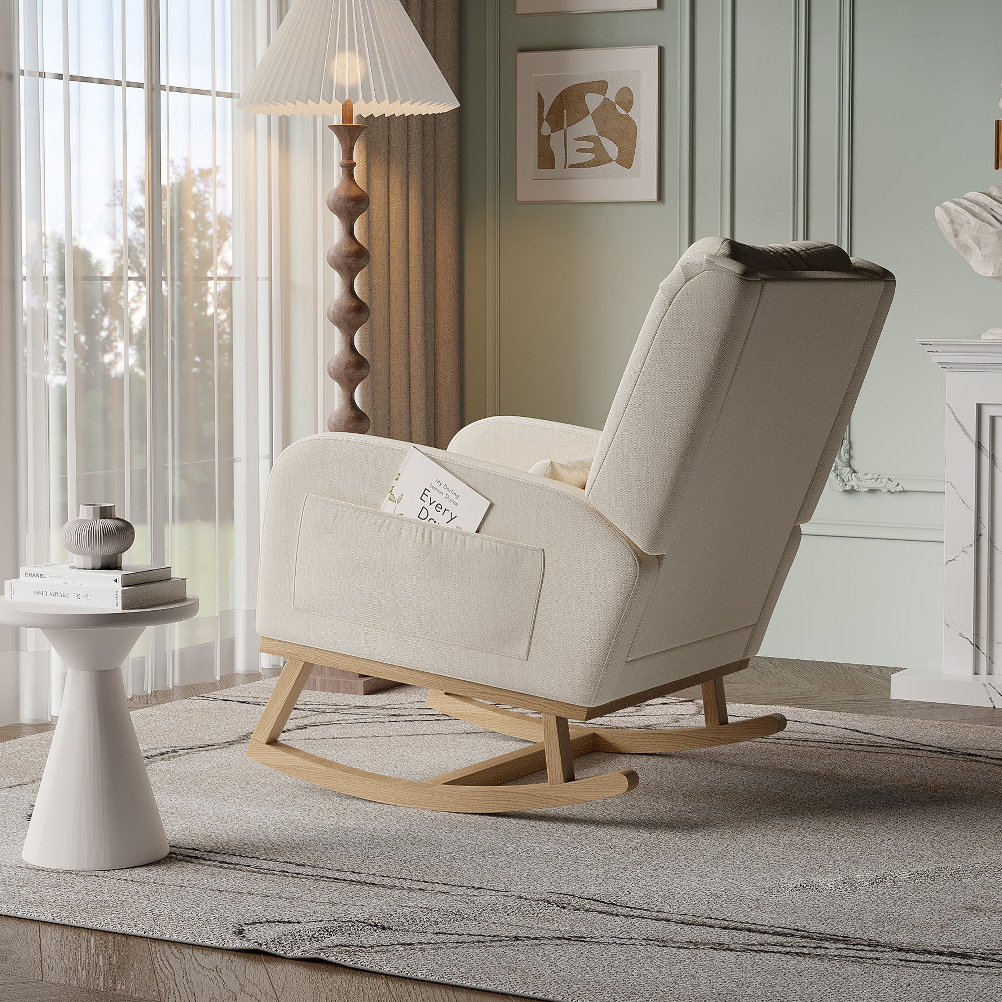Rocking chair, avec poche latérale, dossier haut, coussin lombaire, accoudoirs, cadre en bois, fauteuil à bascule pour l'allaitement - Beige - 4