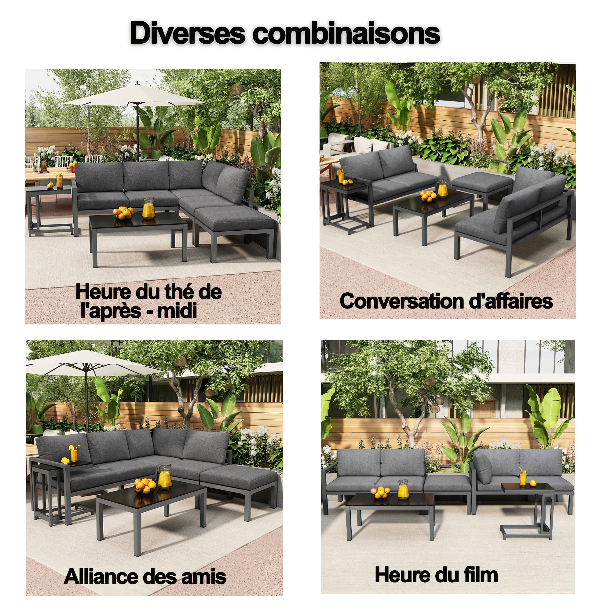 Salón de jardín en aluminio - 2 sofás, 1 taburete y 2 mesas bajas - con todos los cojines - Gris - 6