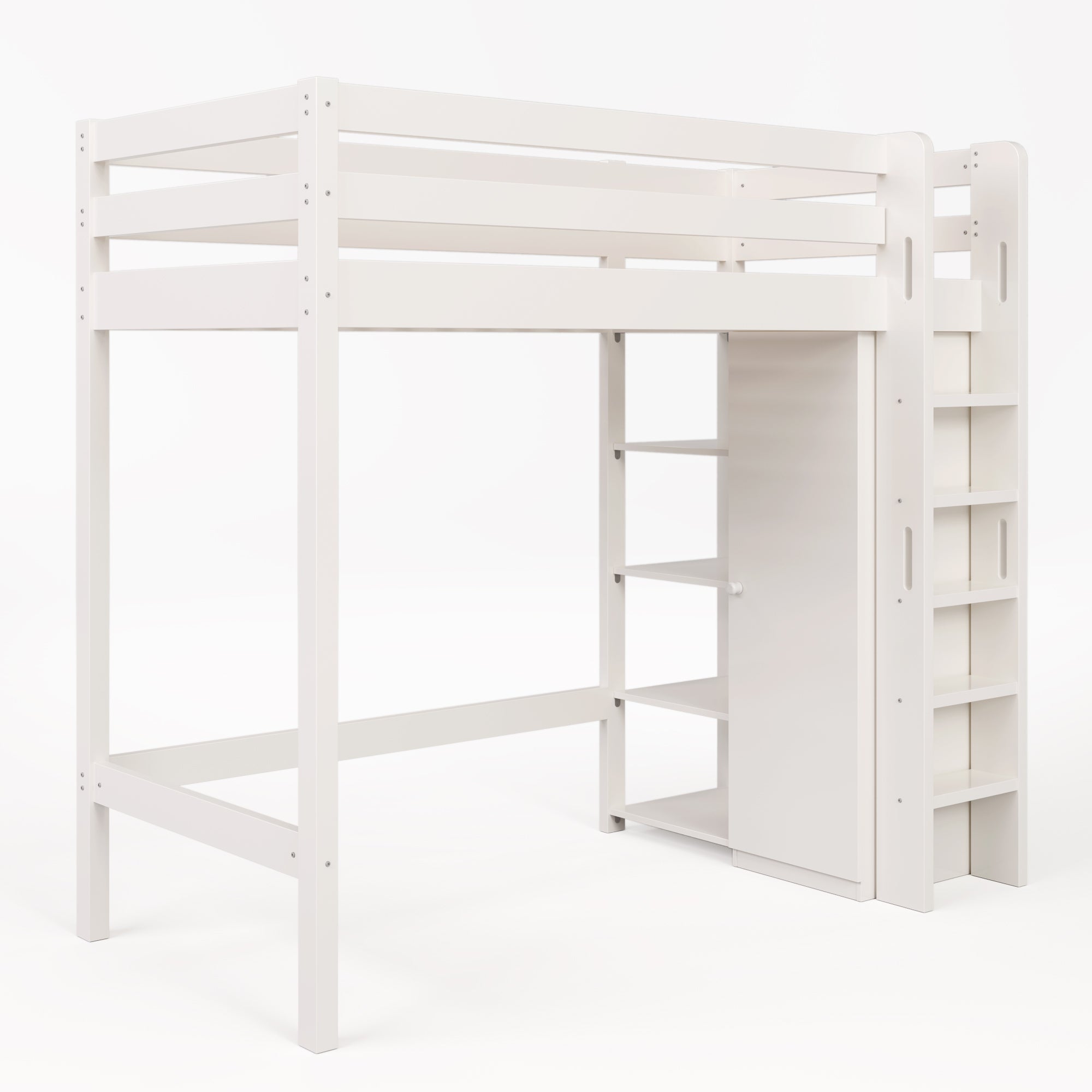 Lit mezzanine 90x200cm en bois - avec une armoire et étagères - Blanc - 9