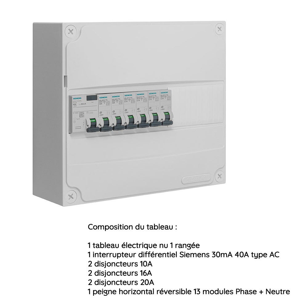 SIEMENS Tableau électrique pré-équipé 1 rangée 13 modules 6 disjoncteurs 1 interrupteur différentiel - 5