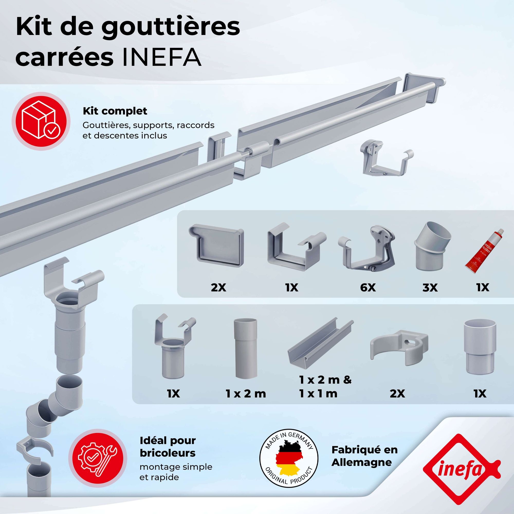 INEFA Kit Gouttière carrée plastique 3m 68mm gris - 2