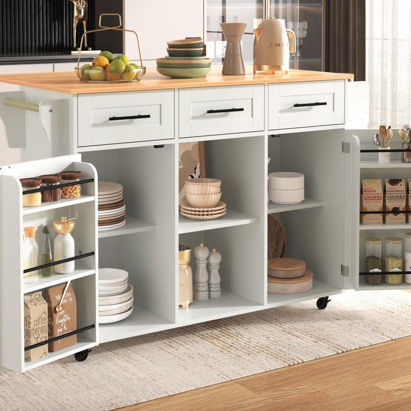 Wózek do serwowania ze składaną ladą - 3 szuflady i drzwiczki do przechowywania - nogi drewniane lub na kółkach - Biały