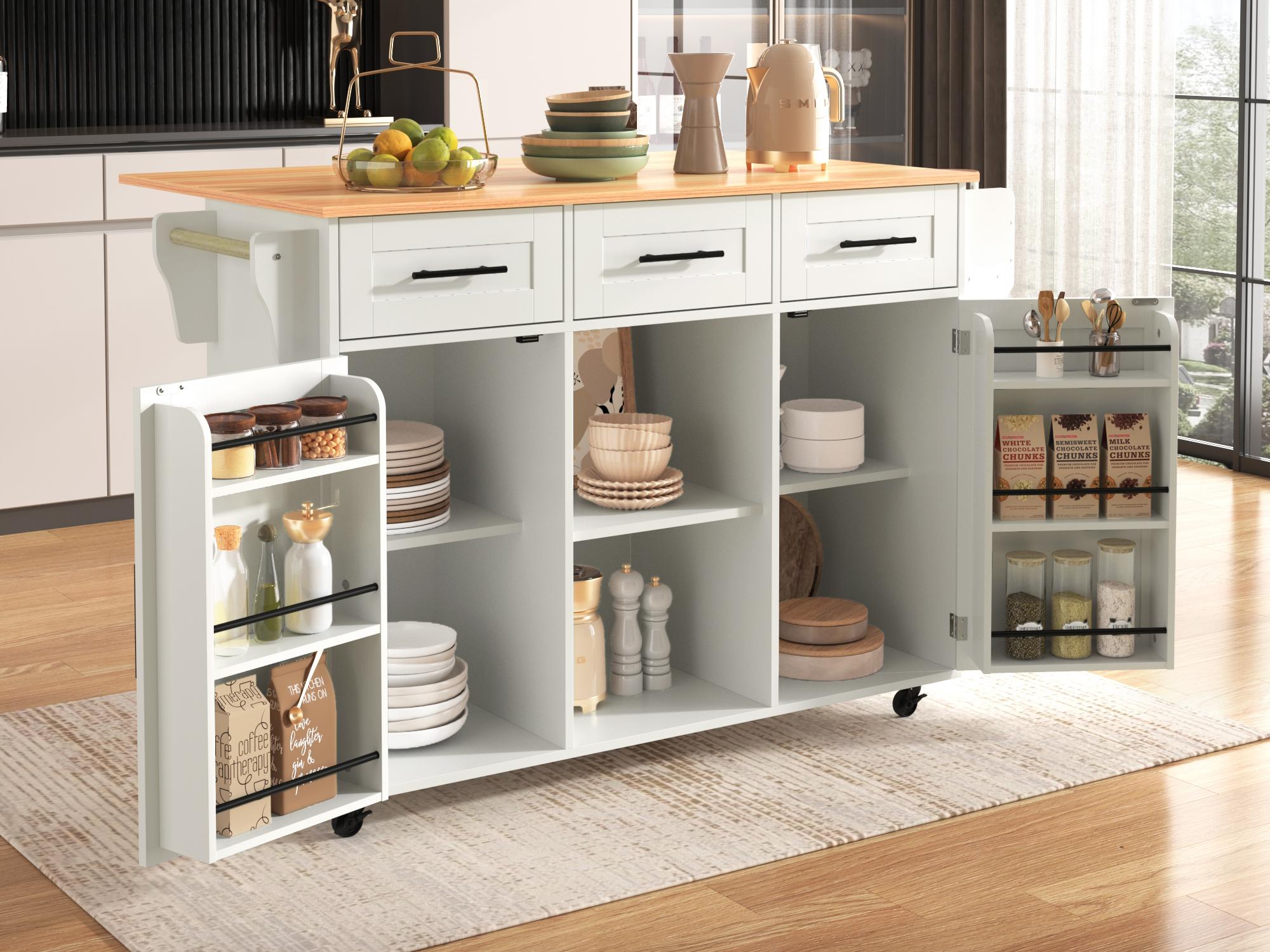 Carrito de cocina con mostrador plegable, 3 cajones y puertas de almacenamiento, patas con ruedas o de madera, color blanco