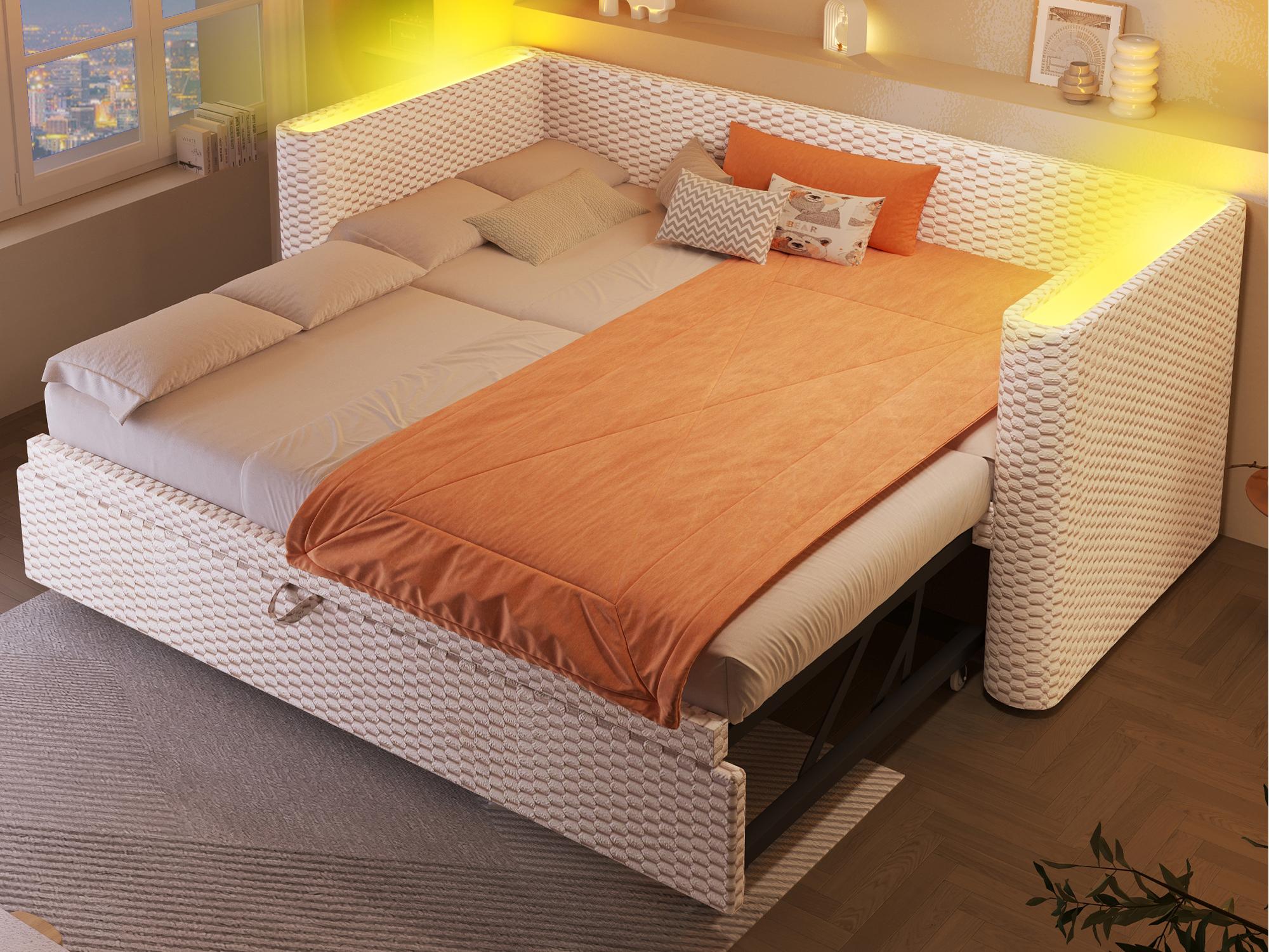 Rozkładana sofa 90/180x200cm - z wysuwane łóżko - z listwą LED - z stelażem lamelowym - welur - beżowy​ (materac nie jest wliczony w cenę)