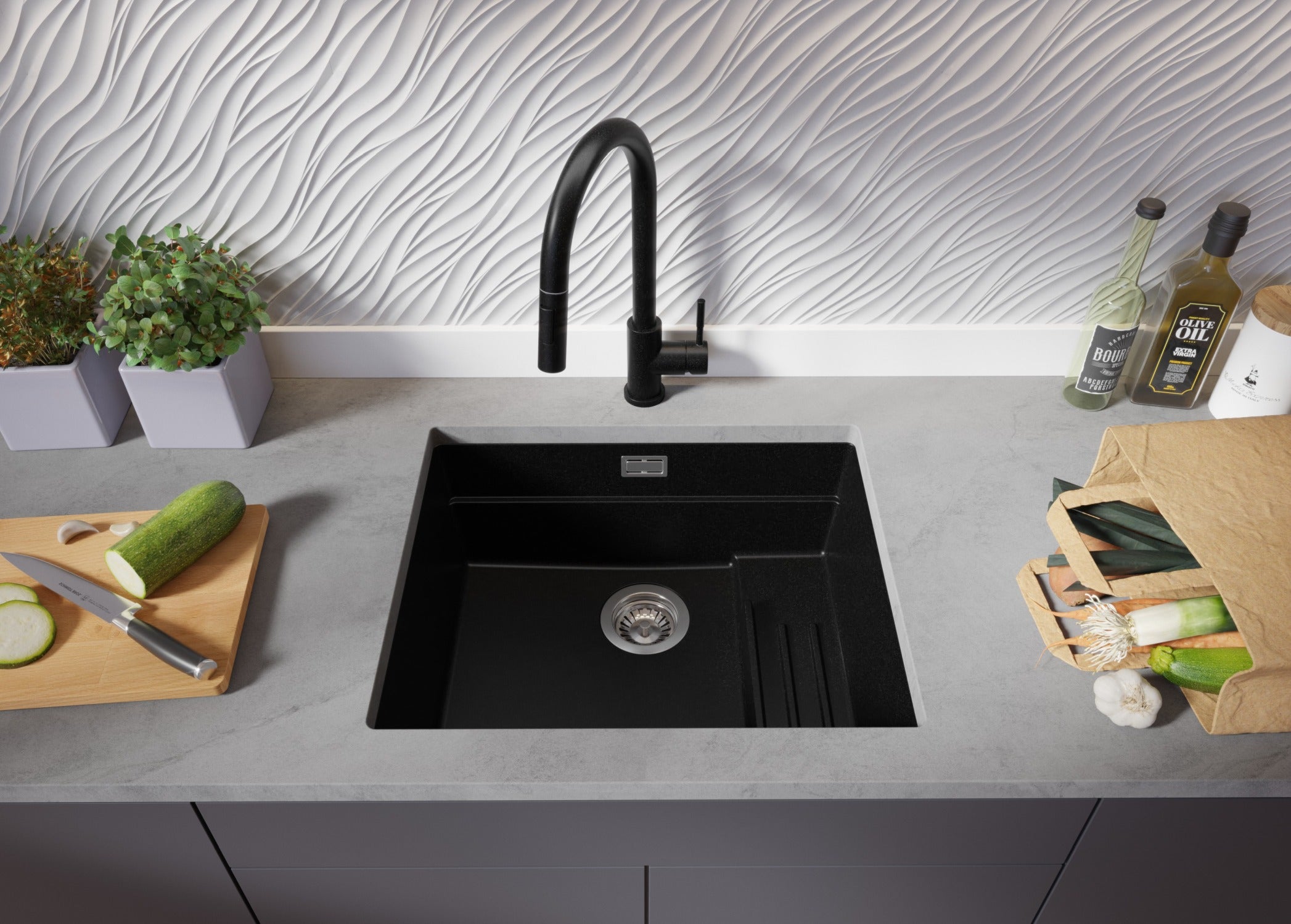 Lavandino sottotop Tutto Nero 56x47cm, Lavello in Granito a 1 vasca + Sifone Classico + Accessori, Lavabo da Cucina al mobile 60cm - Prague PRIMAGRAN - 3