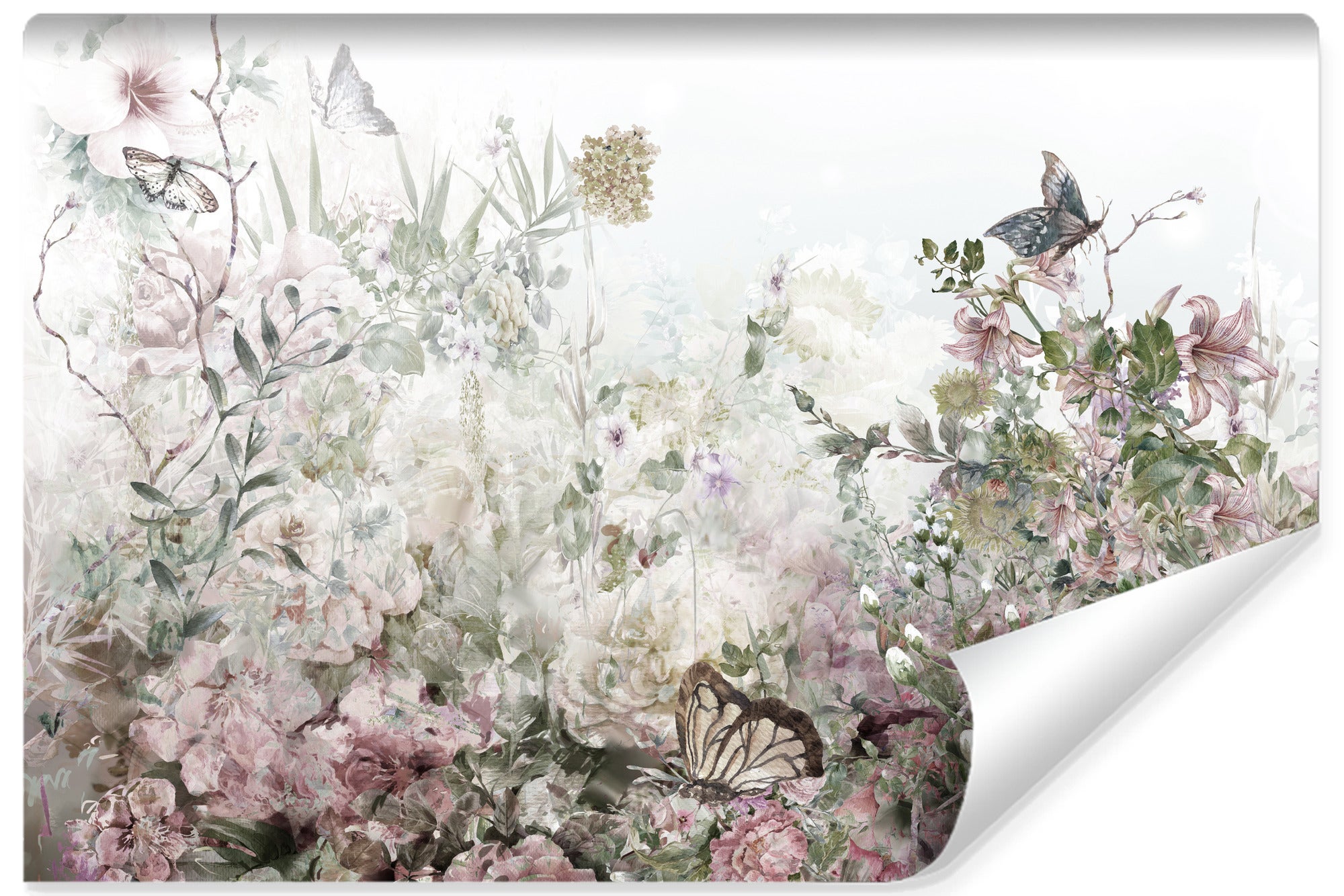 Papel pintado fotográfico no tejido flores hojas mariposas para habitación 300cm x 210cm