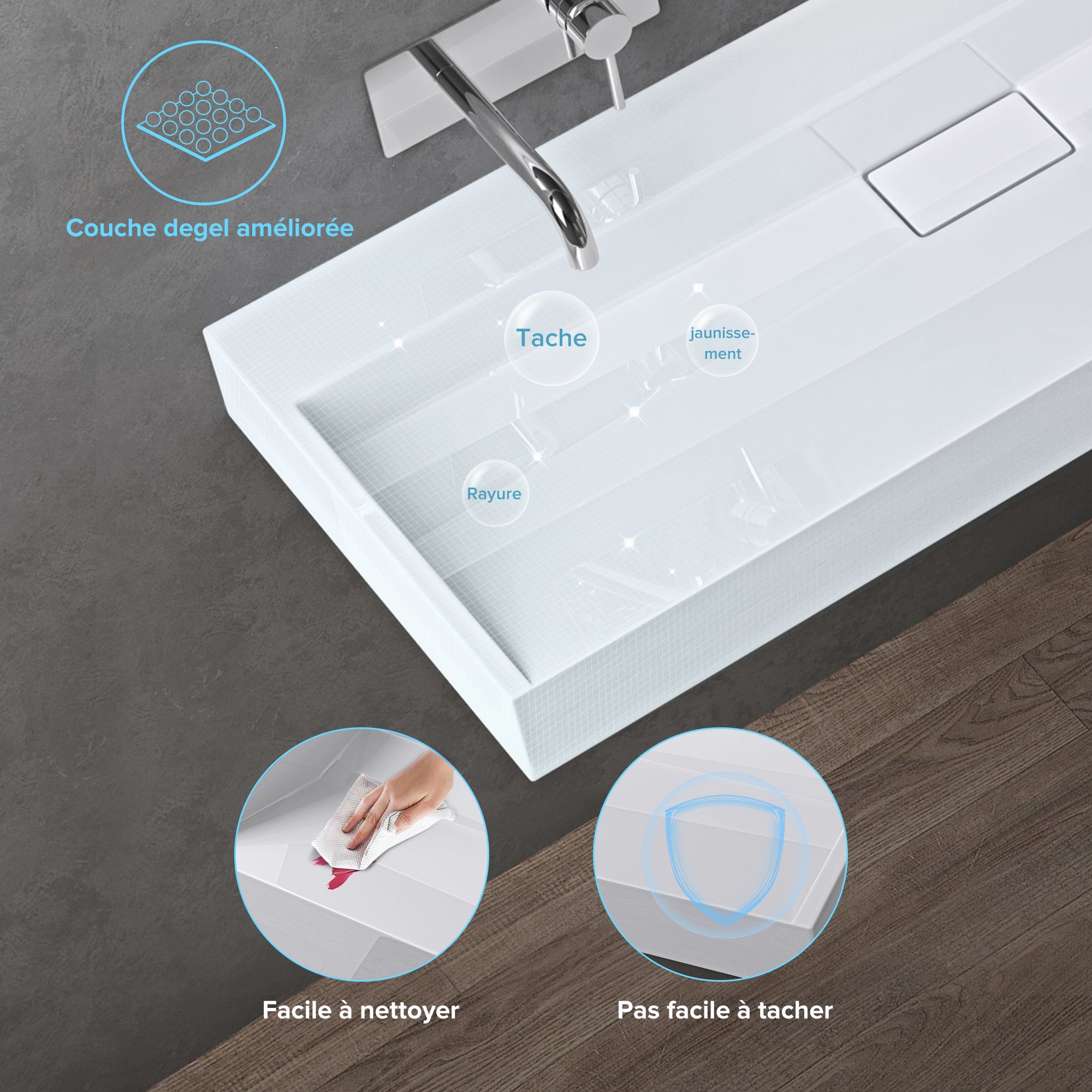 doporro Lavabo Suspendu avec Bonde Vasque à Poser Blanc 120x46x11cm Lave Mains Rectangulaire Colossum19 - 5
