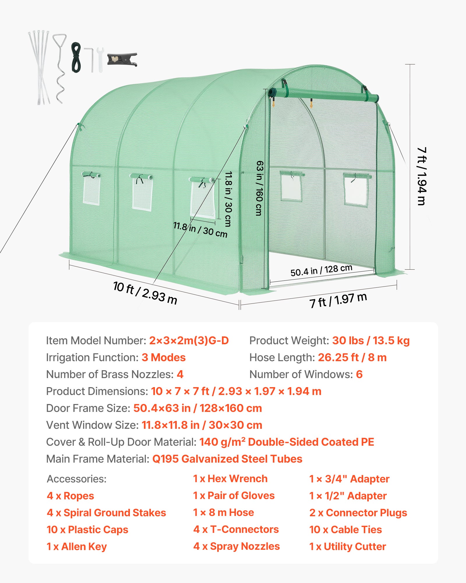 Serre de Jardin Tunnel VEVOR 2,93x1,97x1,94 m Serre Tunnel Maraîchère avec Système Arrosage 3 Modes, 4 Buses, Cadre Acier Galvanisé, Bâche PE, Vert - 7
